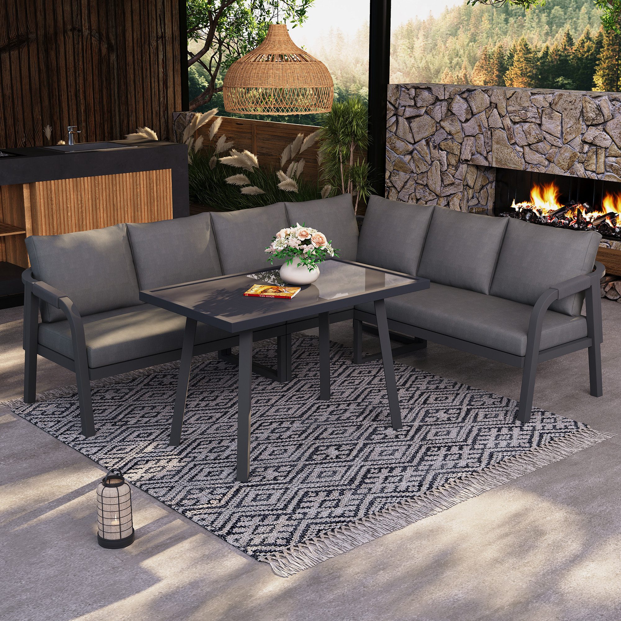 STILVORA Gartenlounge-Set für 6 Personen Gartenmöbel-Set inklusive Ecksofa und Esstisch, grau, (Garten-Essgruppe, Ecksofa + Esstisch, verzinkte Stahlrohre, Arm- & Rückenlehnen aus Seilgeflecht, wetterfest,Glasplatte am Tisch), abgerundetes Design, hohe Stabilität, langlebig