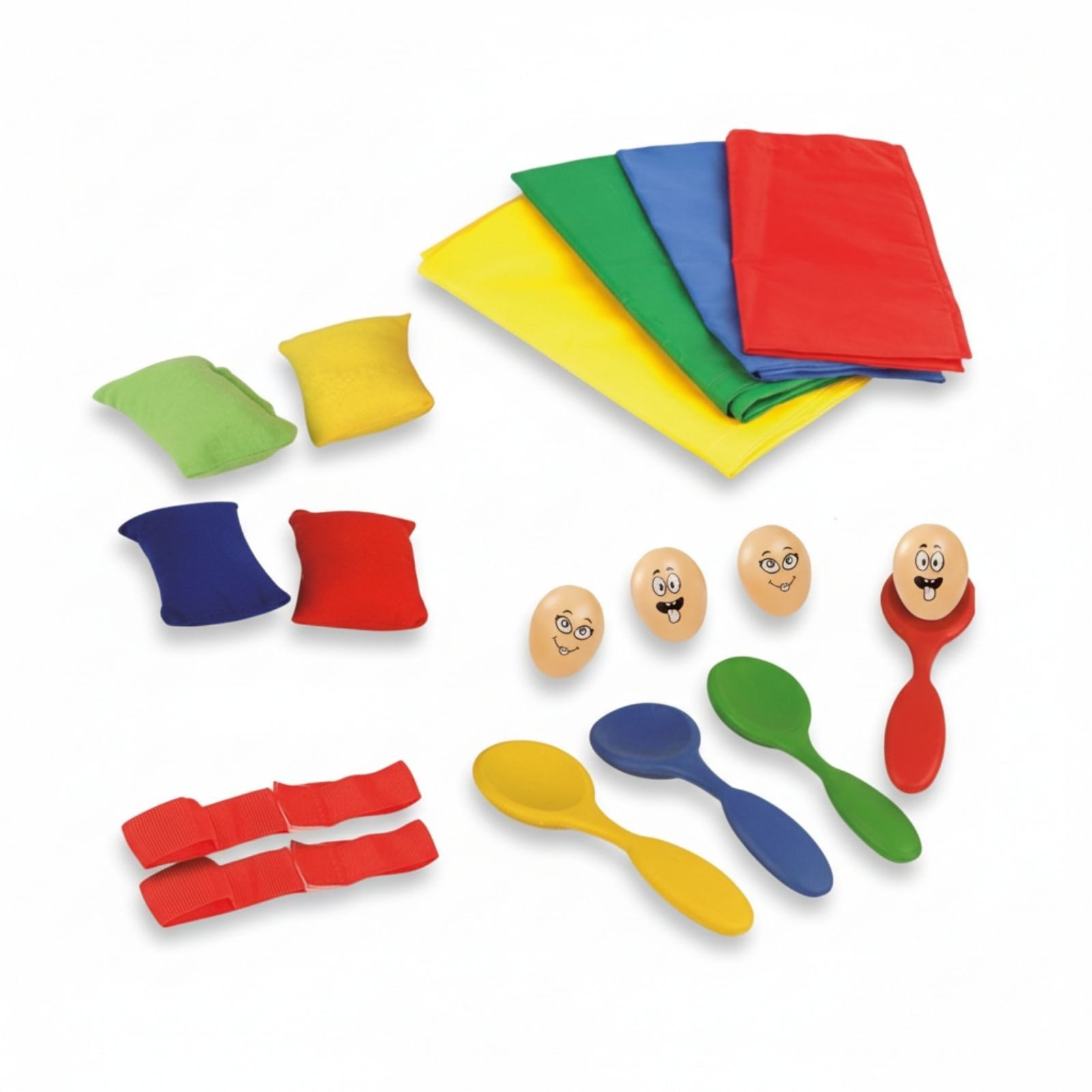 alldoro Spielesammlung Partyspiele Set für Kinder, Spielesammlung für Kindergeburtstag, 18-teilig mit Sackhüpfen, Eierlauf, Säckchen werfen und Dreibeinlauf