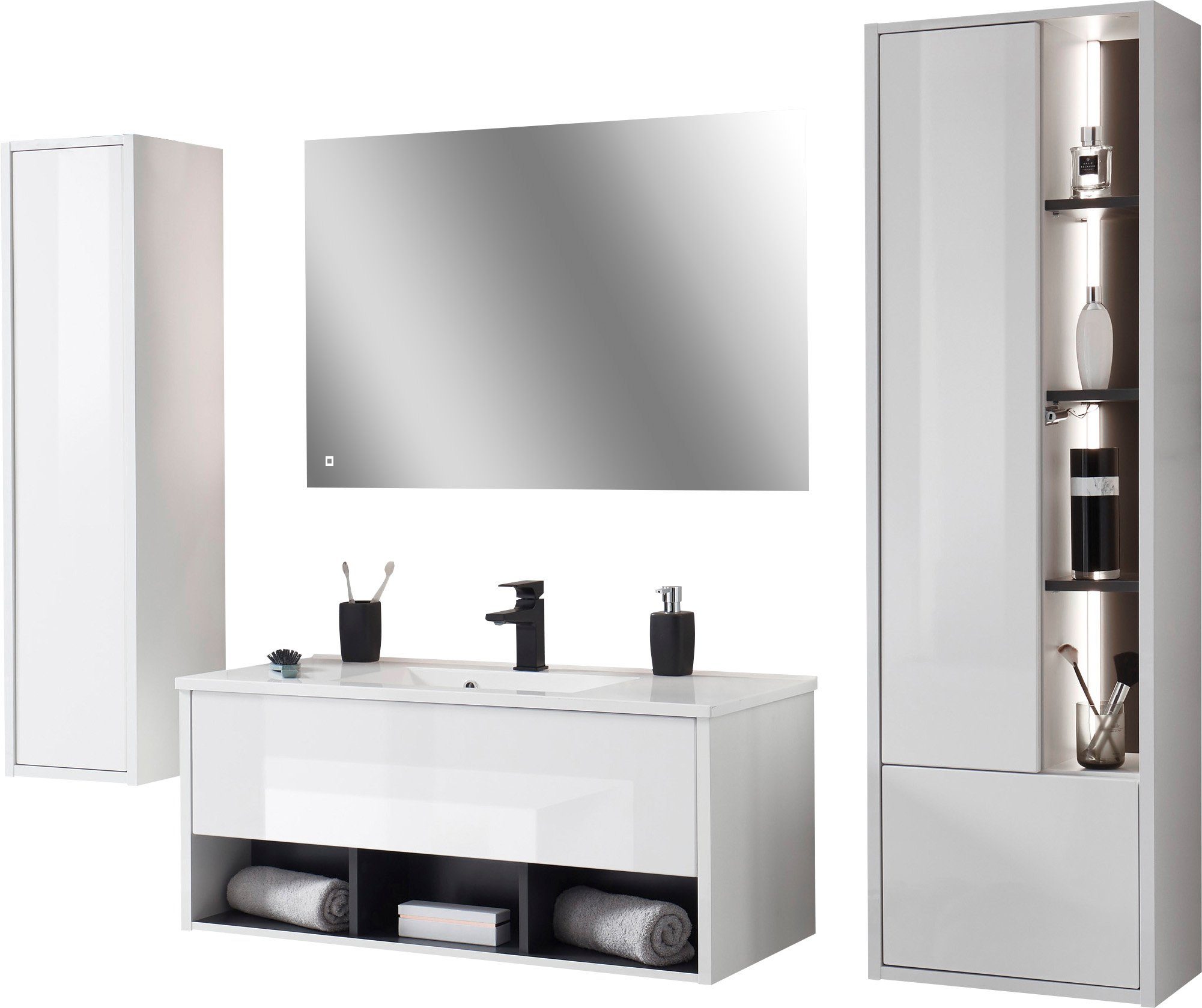 Home affaire Badmöbel-Set Studio Line, Bad im modernen Design, 4-teiliges Badezimmer, (4-St), Schrank, Waschtisch und Spiegel, in zwei Farben verfügbar, Stauraum