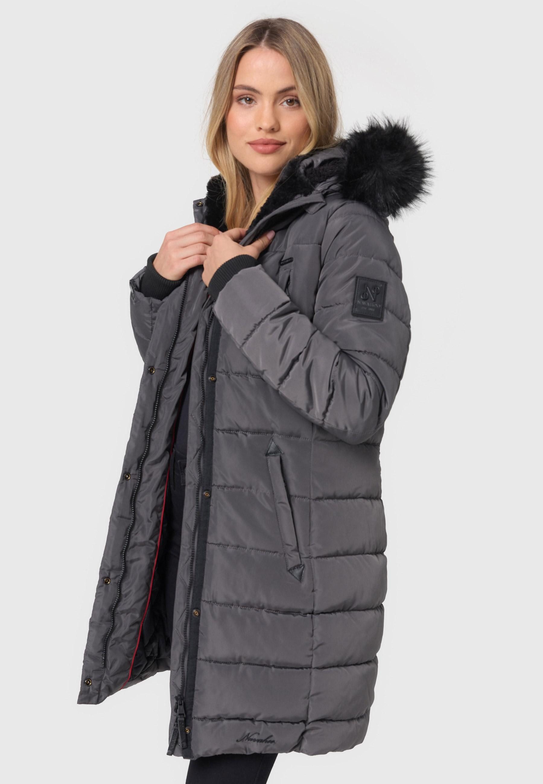 Navahoo Winterjacke Steppjacke lang mit Kapuze – Warm gefüttert Lange Winterjacke mit Teddyfutter und abnehmbarem Kunstfell