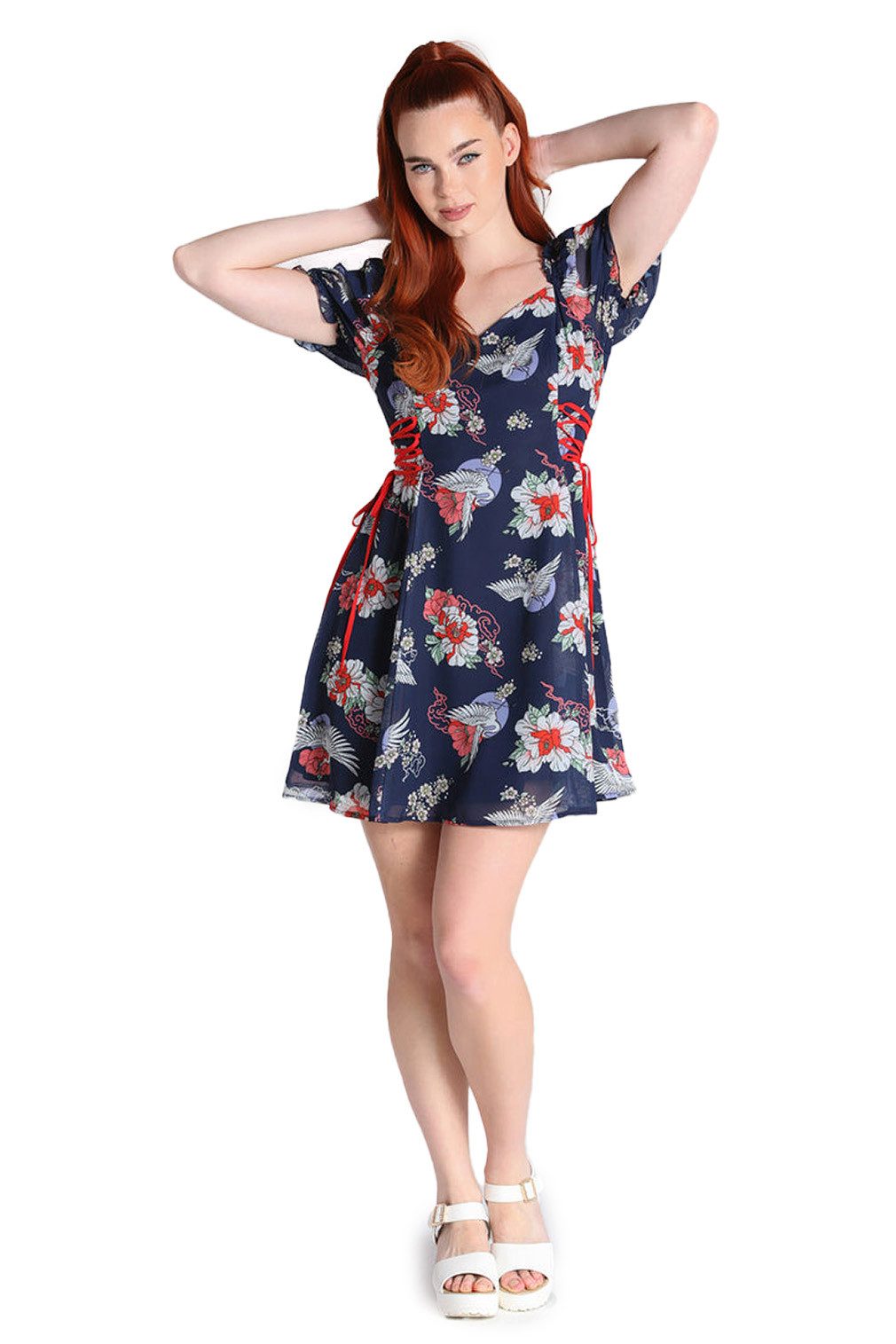Hell Bunny Minikleid Misa Vintage Sommerkleid Schnürung Vögel Blumen Chiffo günstig online kaufen
