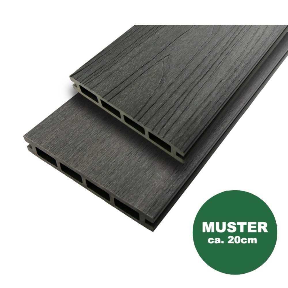 Woodstore24 Terrassendielen WoodoThassos WPC Hohlkammerdiele coextrudiert 3D Holzoptik, BxL: je 14,00x240,00 cm, 25,00 mm Stärke, (Packung, 1-St., Musterstück zum Ansehen und Fühlen, in teak oder dunkelgrau), WPC Hohlkammerdiele coextrudiert mit 3D Holzoptik