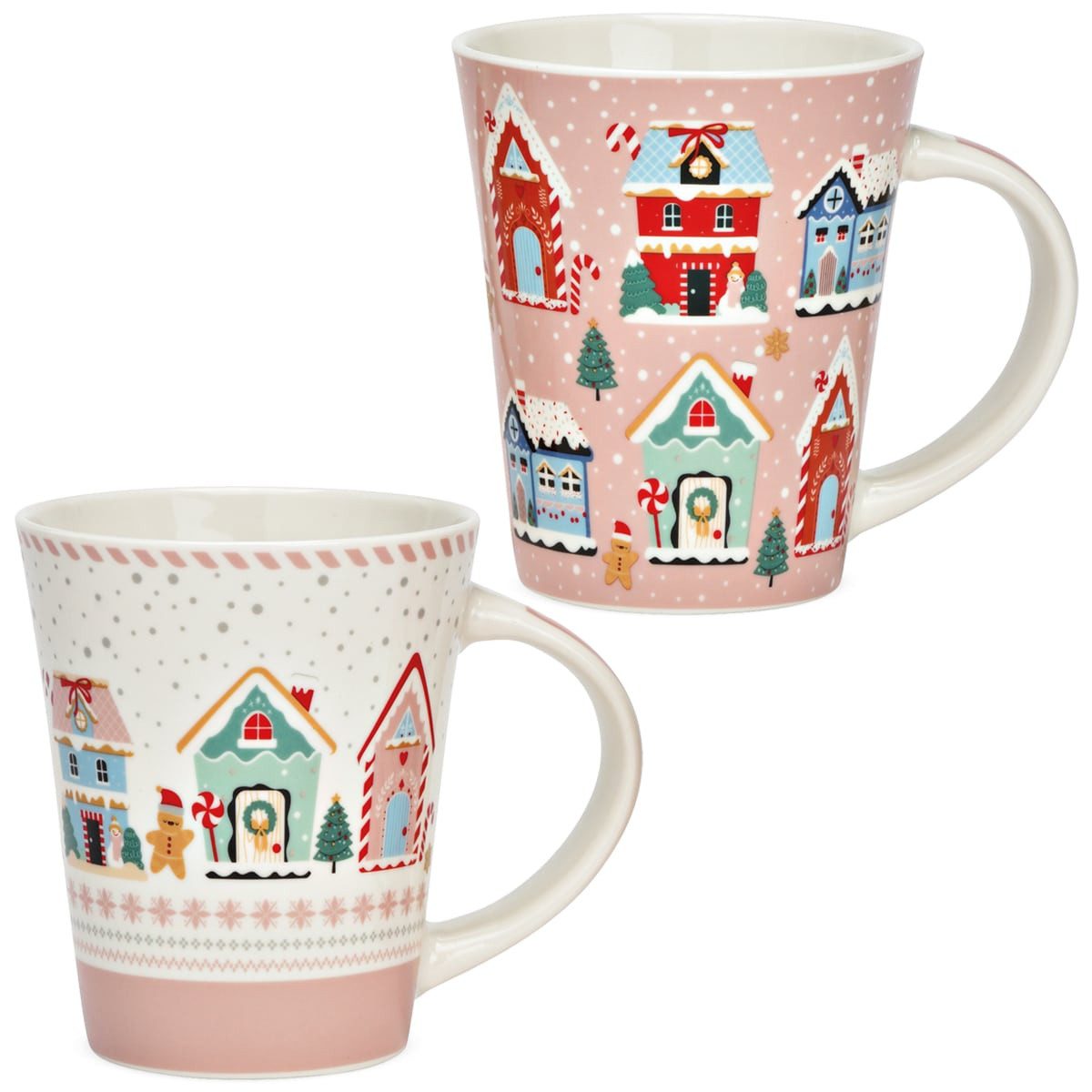 matches21 HOME & HOBBY Tasse Weihnachtsdorf Weihnachts-Tassen 4er Set rosa bunt in 10 cm, 350 ml, Porzellan, Spülmaschinenfeste Kaffeetassen Kaffee-Becher als Glühweintassen