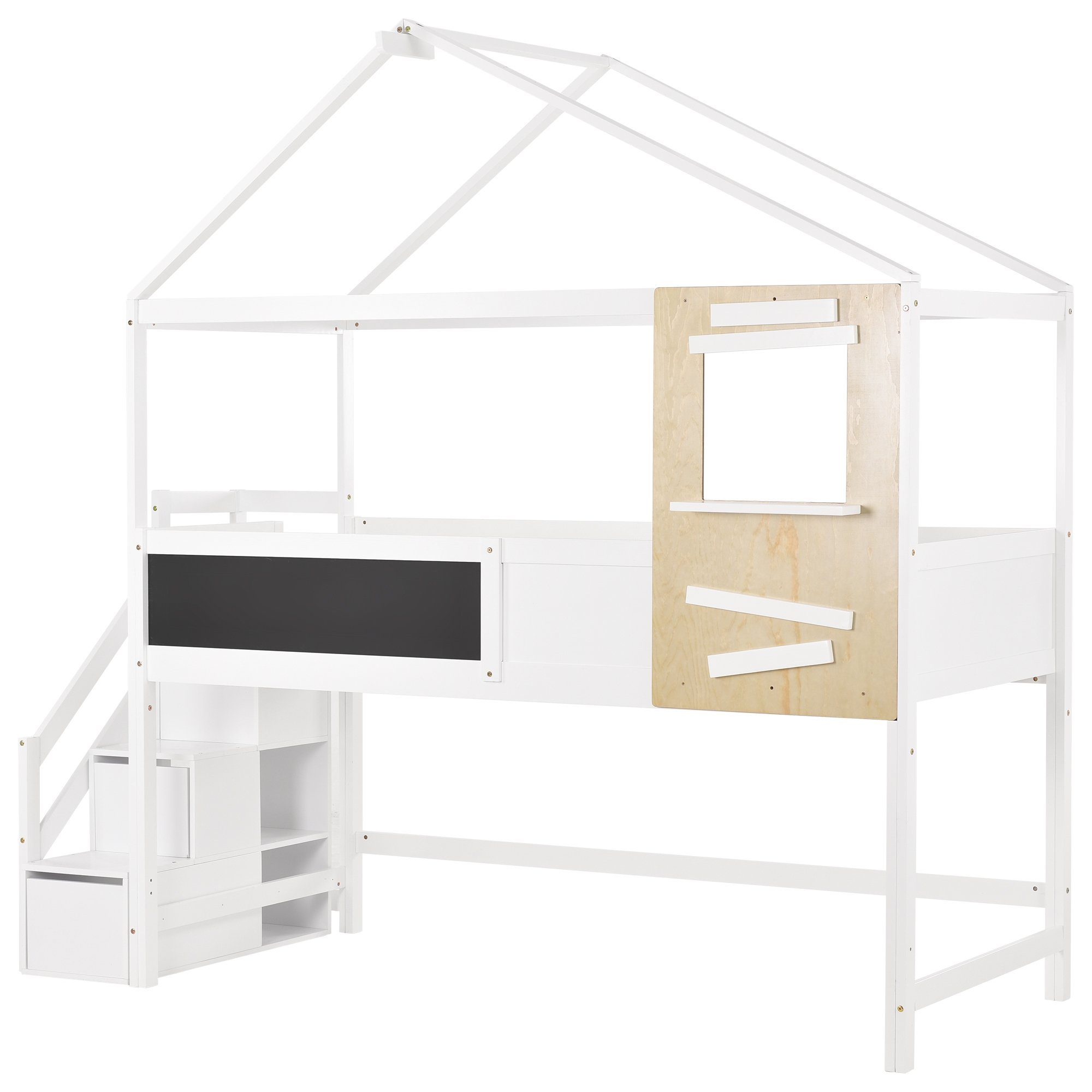 Hochbett (1-St) Kinderbett Etagenbett mit Lattenrost, Rausfallschutz und 3 Schubladen, Hausbett mit Treppe und Tafel, aus Kiefernholz