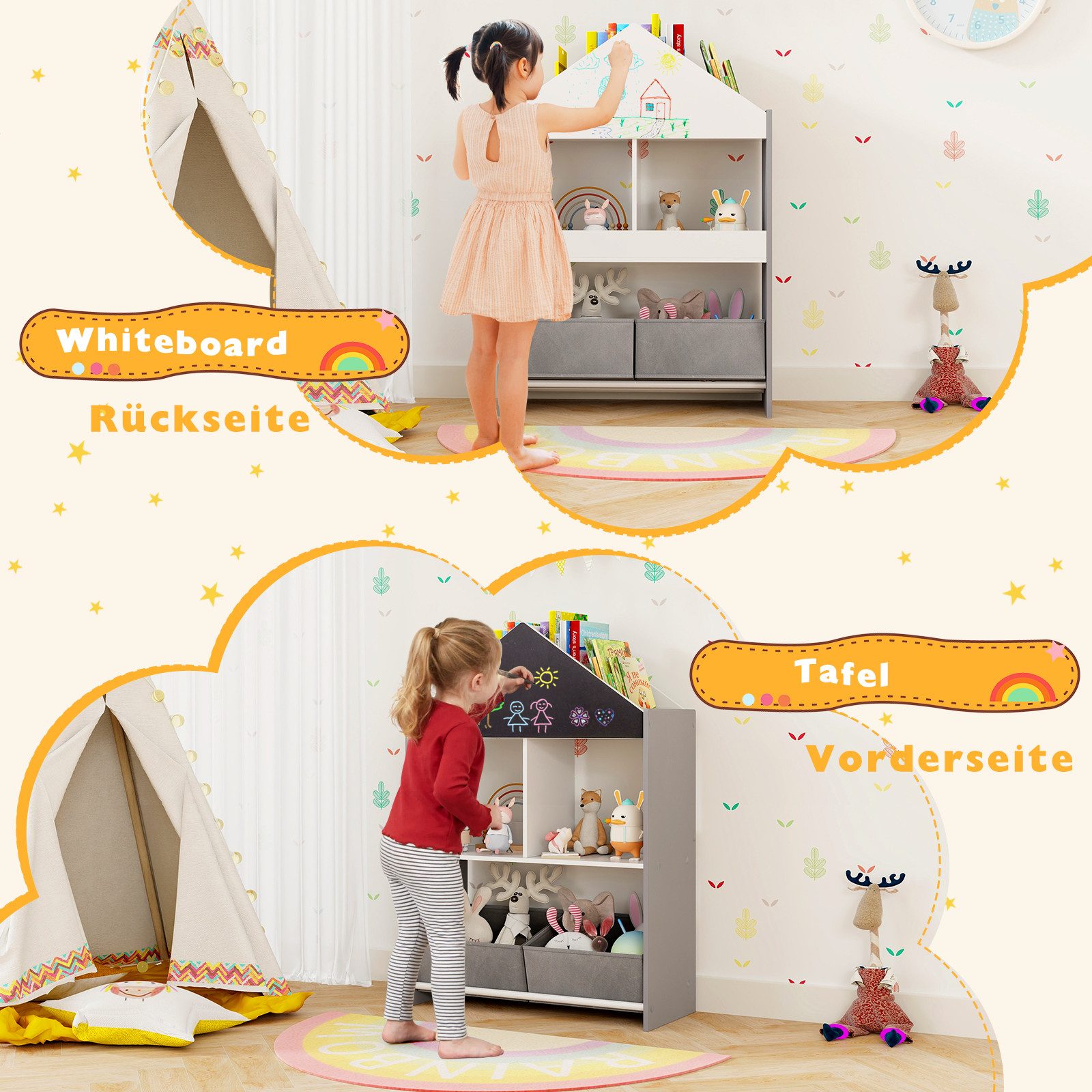 KOMFOTTEU Bücherregal, mit Tafel, 4 oberen Fächern, 2 offenen Fächern & 2 Stoffboxen