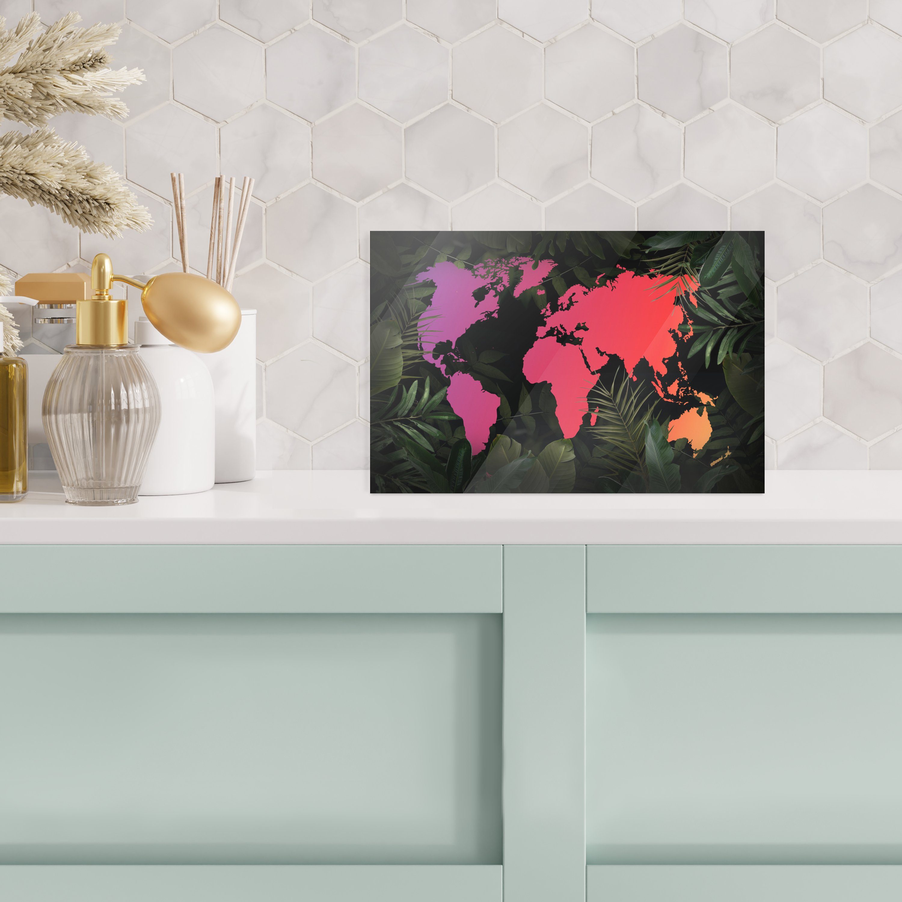 - Weltkarte - (1 auf Farben Bilder Pflanzen, - - Foto Glas Glas St), MuchoWow Glasbilder auf Wanddekoration Wandbild - Acrylglasbild