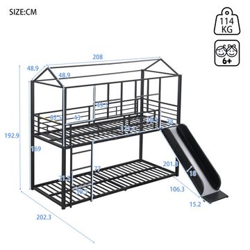 DOPWii Etagenbett 90*200 cm Eisenrahmen Bett,Haus Modellierung,Ausgestattet mit Rutsche, Hausbett,Sicher und Langlebig,Schwarz