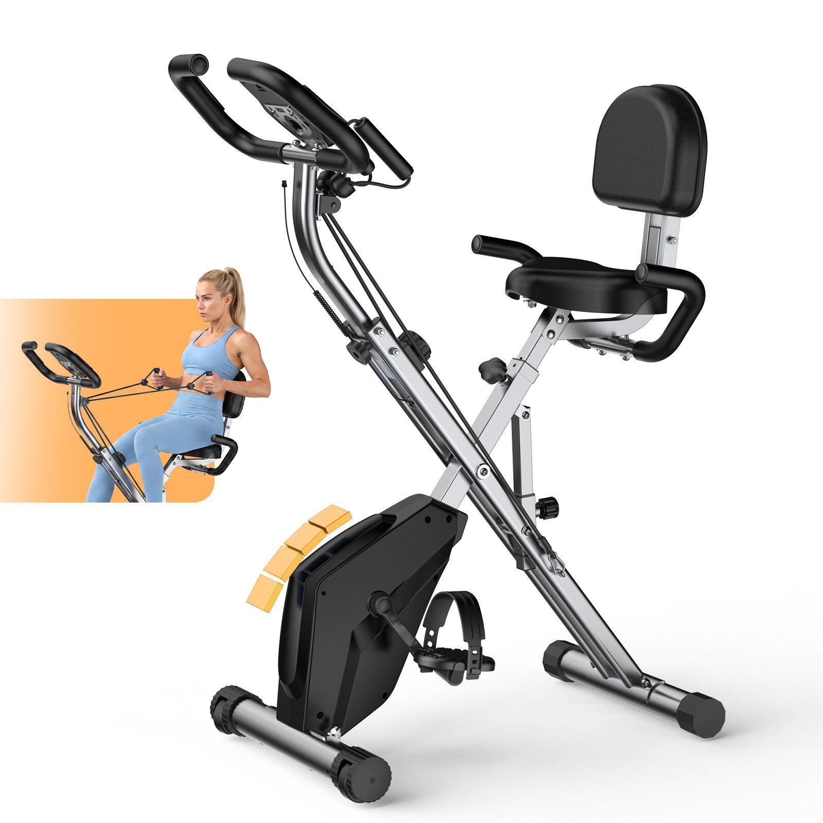 Gywowken Heimtrainer - 4-in-1 X-BIKE Fahrrad Klappbar für Zuhause (Packung, mit 16 Stufen verstellbarem Magnetwiderstand und Spannseil), - 150kg Belastbar - LCD-Display - Handpulssensoren