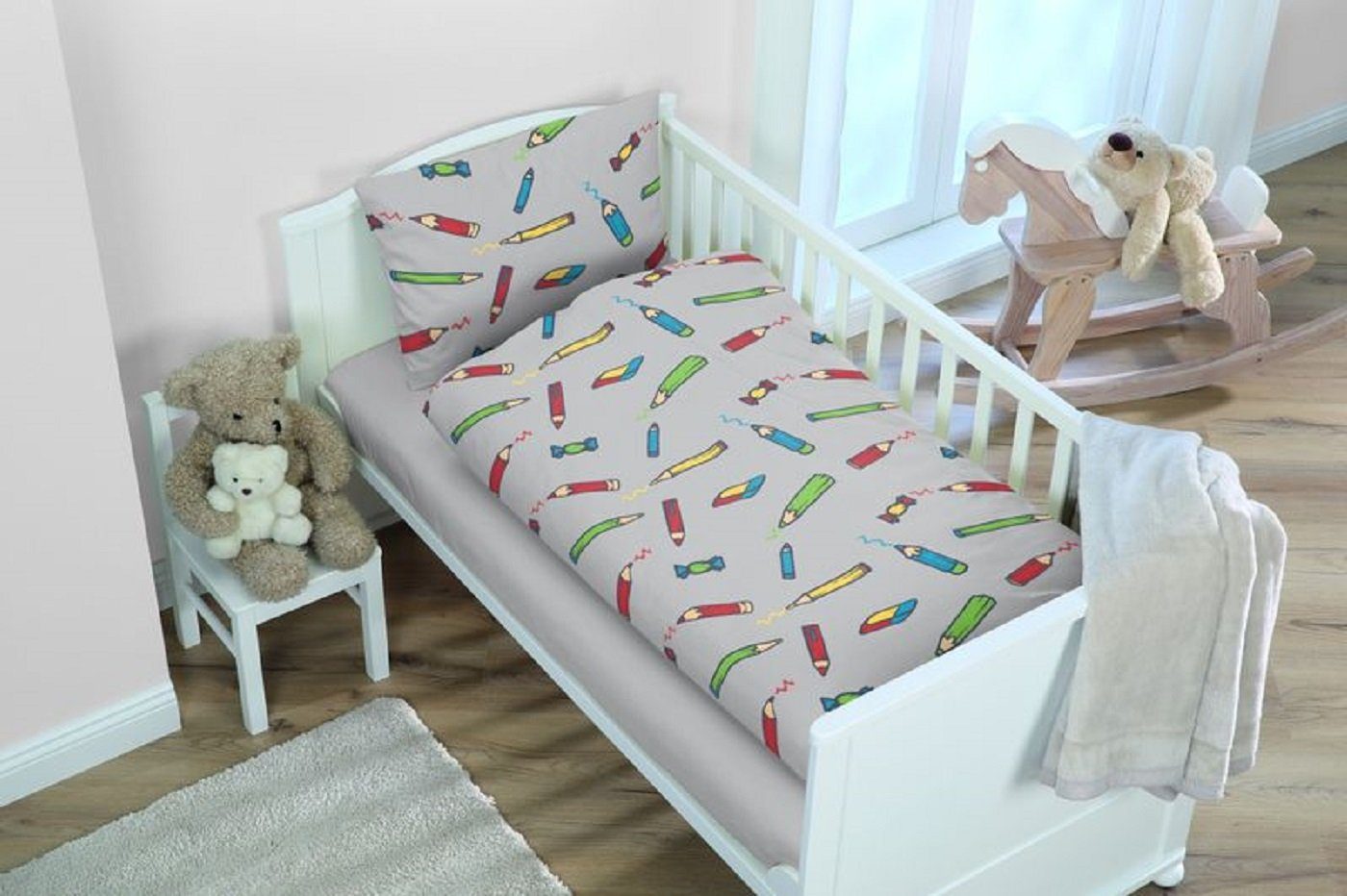 Babybettwäsche Baby Bettwäsche Buntstifte 100 x 135 cm 100% Baumwolle