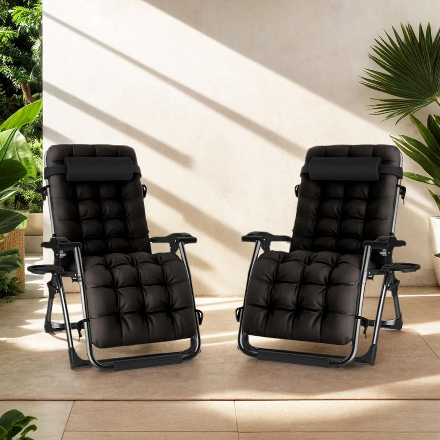 LuxusKollektion Multifunktionsliege Sonnenliege Klappbar Kissen Getränkehalter 77cm Breit 2er Set Schwarz