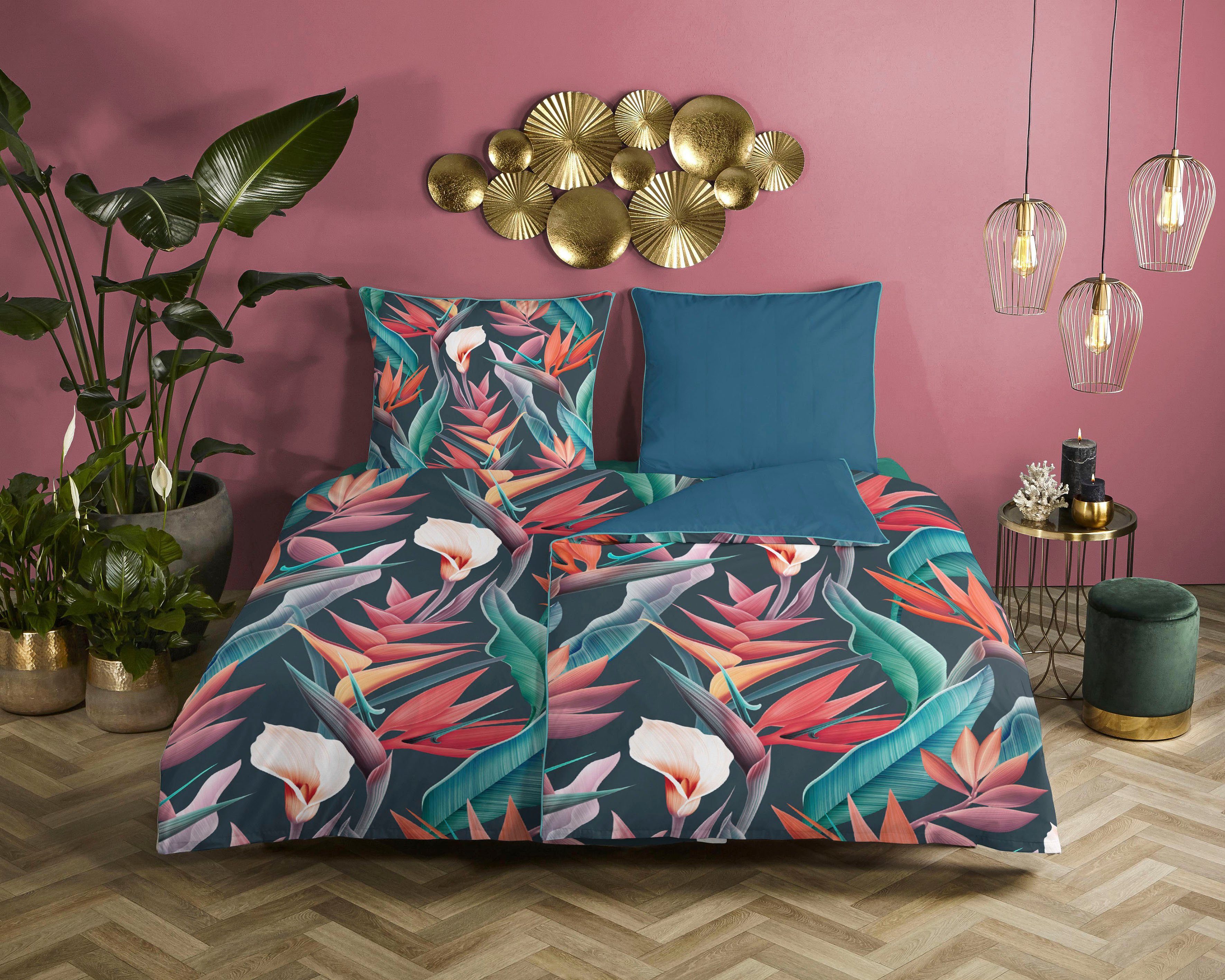 Descanso Bettwäsche Chloe, Satin (Bio-Baumwolle), 2 teilig, Baumwolle, Satin, 135x200, Biese, Reißverschluss, Wendeoptik, Blumen