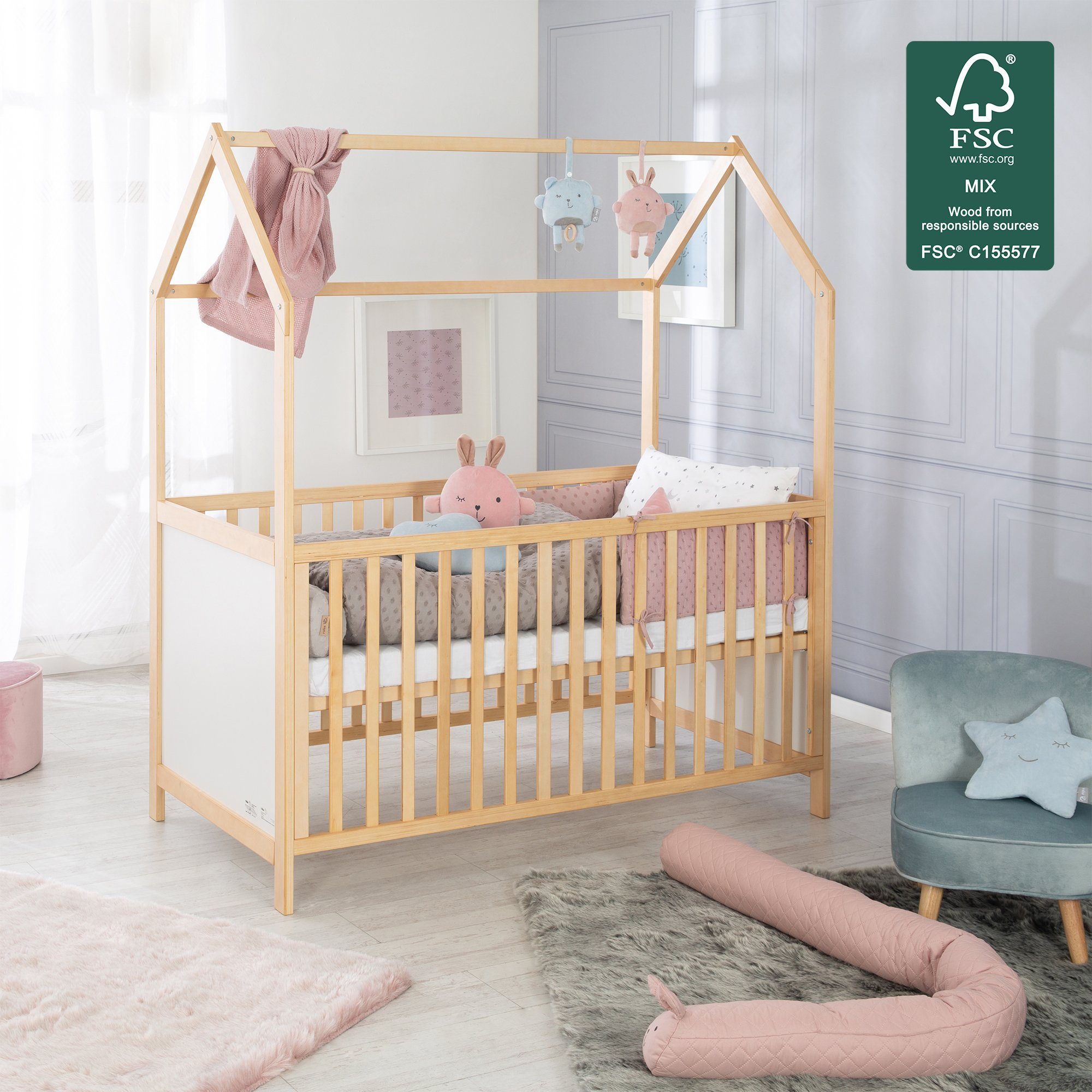 roba® Babybett Hausbett 70 x 140 cm, Babybett in Hausoptik, höhenverstellbar, Umbaubar zum Juniorbett