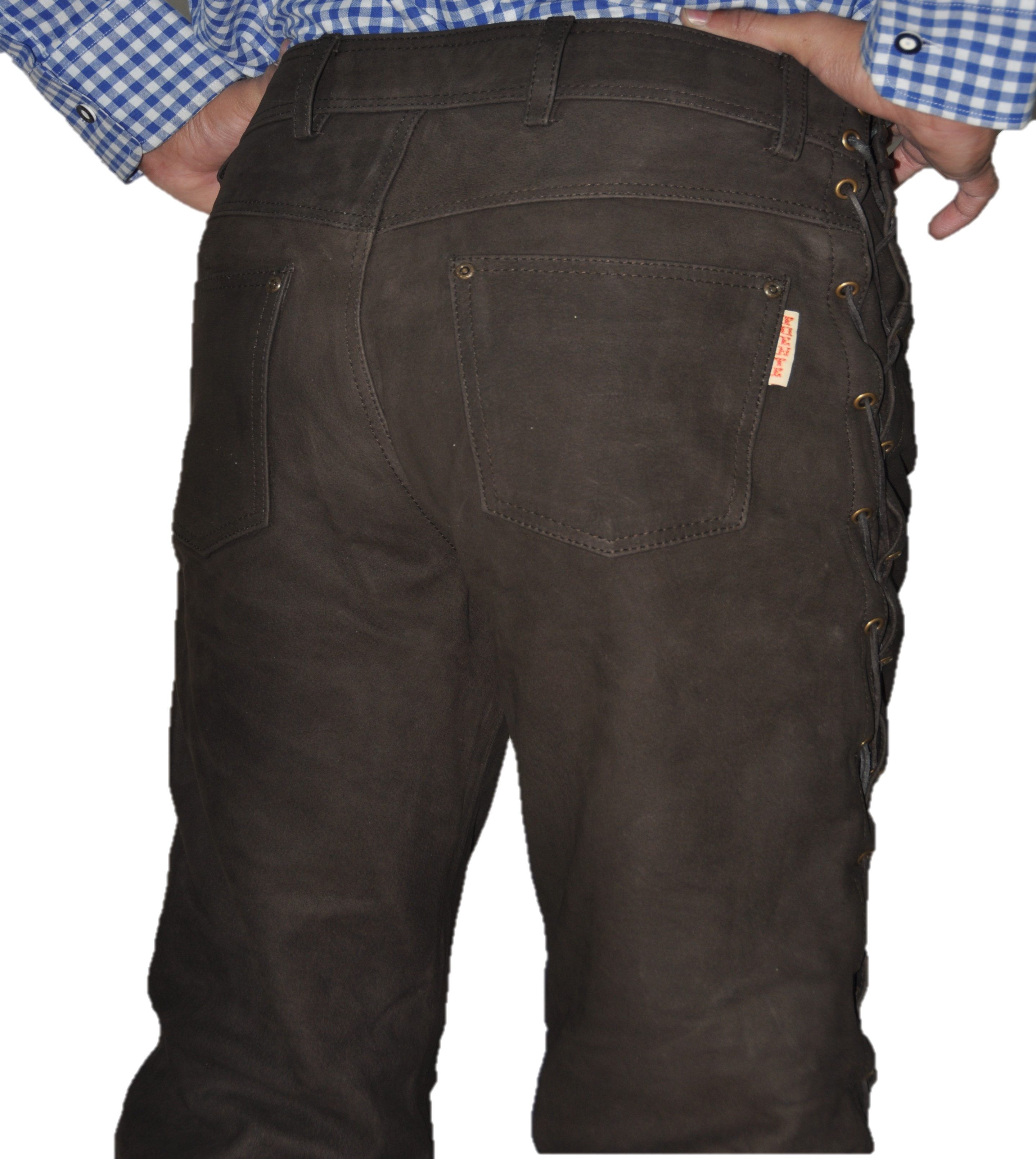 Fuente Leather Wears Motorradhose Herren Biker Schnürlederhose Nubuk Motorrad Lederjeans Schwarz Braun Seitlich geschnürt