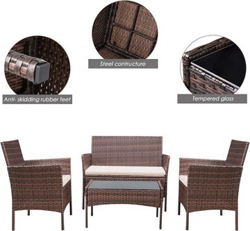 JINPALAY Gartenlounge-Set Rattan Balkonmöbel Sitzgruppe für 4 Personen mit Sitzkissen, (4-tlg., 1* Couchtisch, 2 *Sessel, 1*2-Sitzer-Sofa)