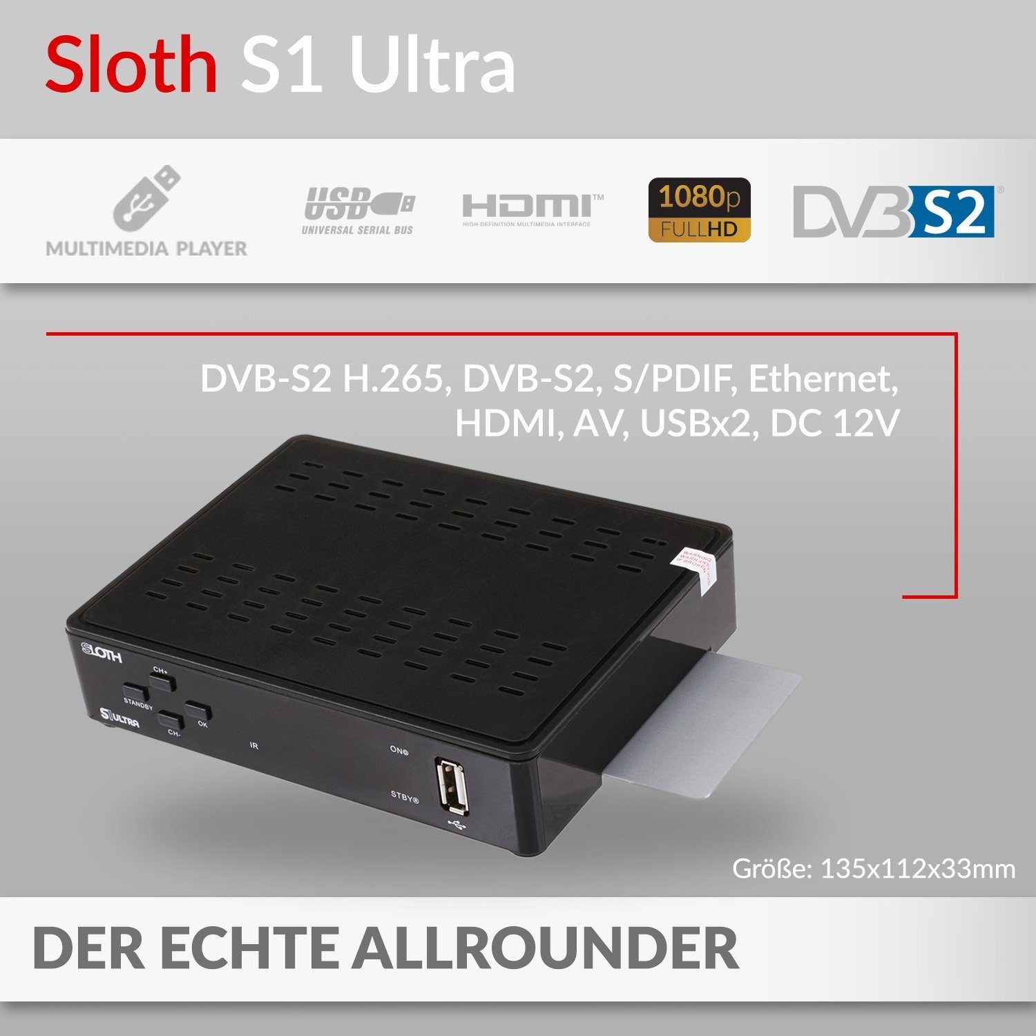 (PVR LAN, HD SAT-Receiver USB, Netzteil) S1 12V RED 1080p, Aufnahmefunktion, mit S/PDIF, OPTICUM Sloth lernbarer ultra Fernbedienung HDMI,