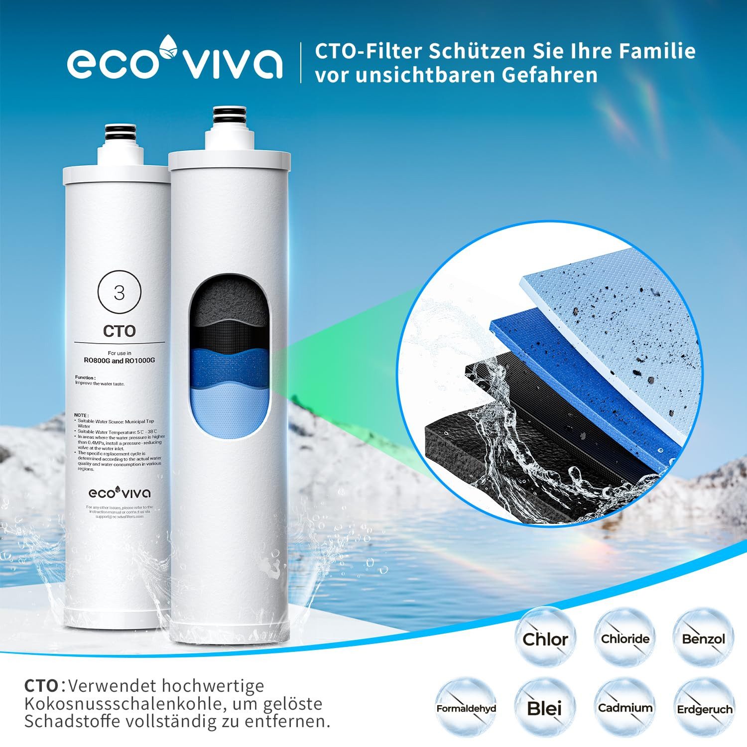 Ecoviva Wasserfilter Ersatz-CTO-Filterkartusche, Zubehör für Umkehrosmoseanlage RO800G/1000G