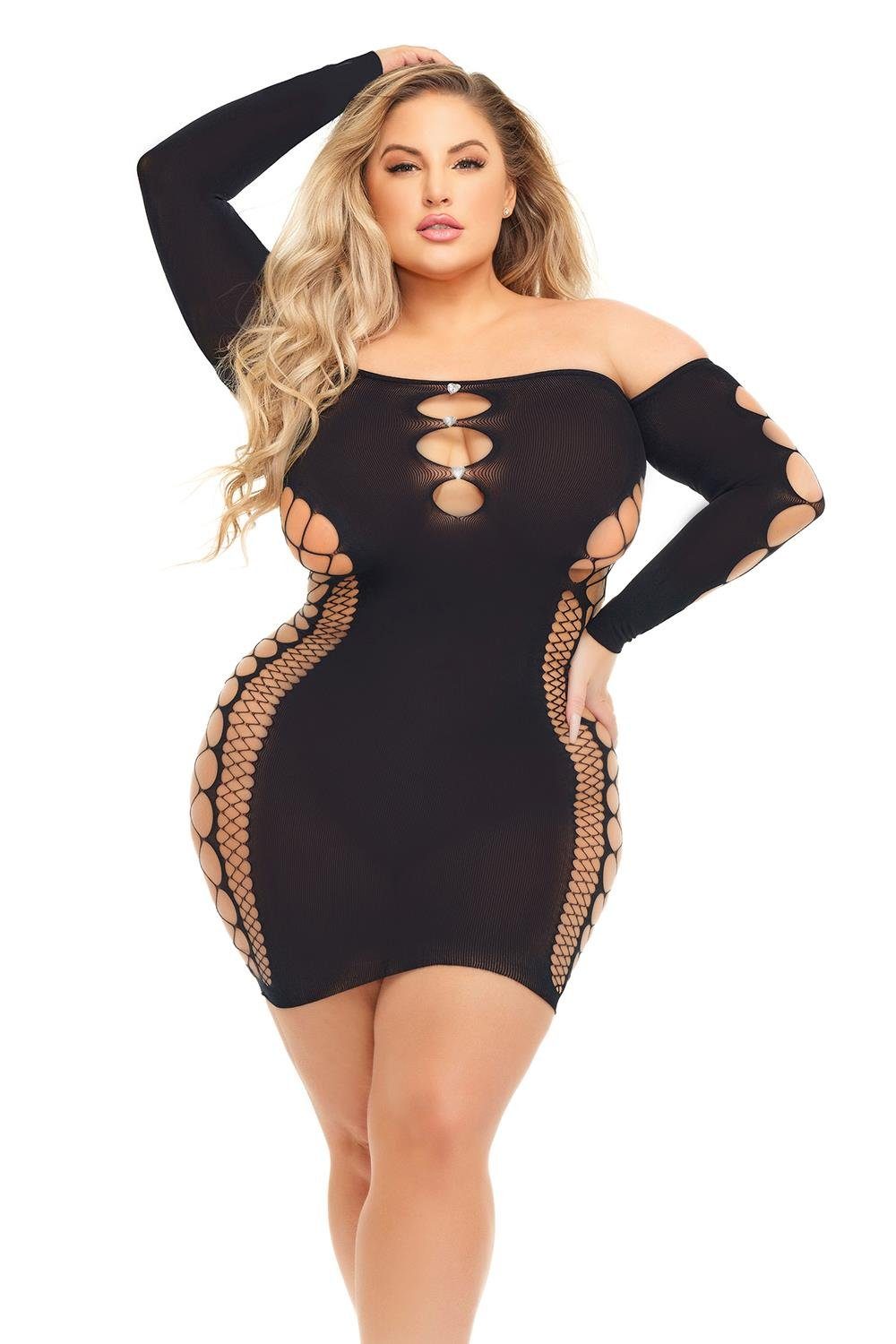 Pink Lipstick Lingerie Minikleid Langarm Netz-Kleid Queen Size - schwarz