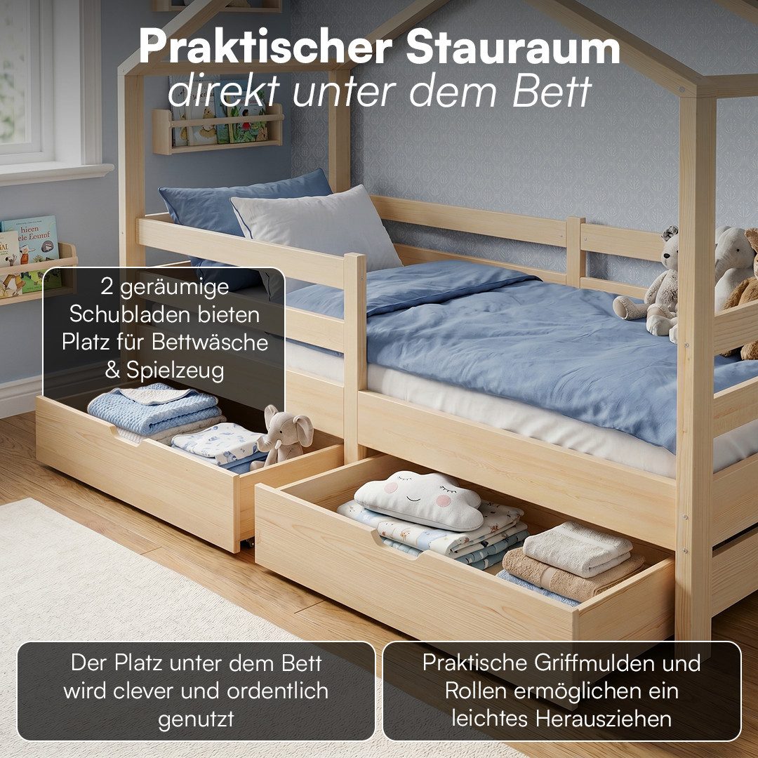 Bellabino Hausbett Abia Kinderbett mit Lattenrost und Rausfallschutz (natur, mit zwei Schubladen), Kinderbett 90x200 cm, verfügbar in verschiedenen Ausführungen – Bild 5 von 5