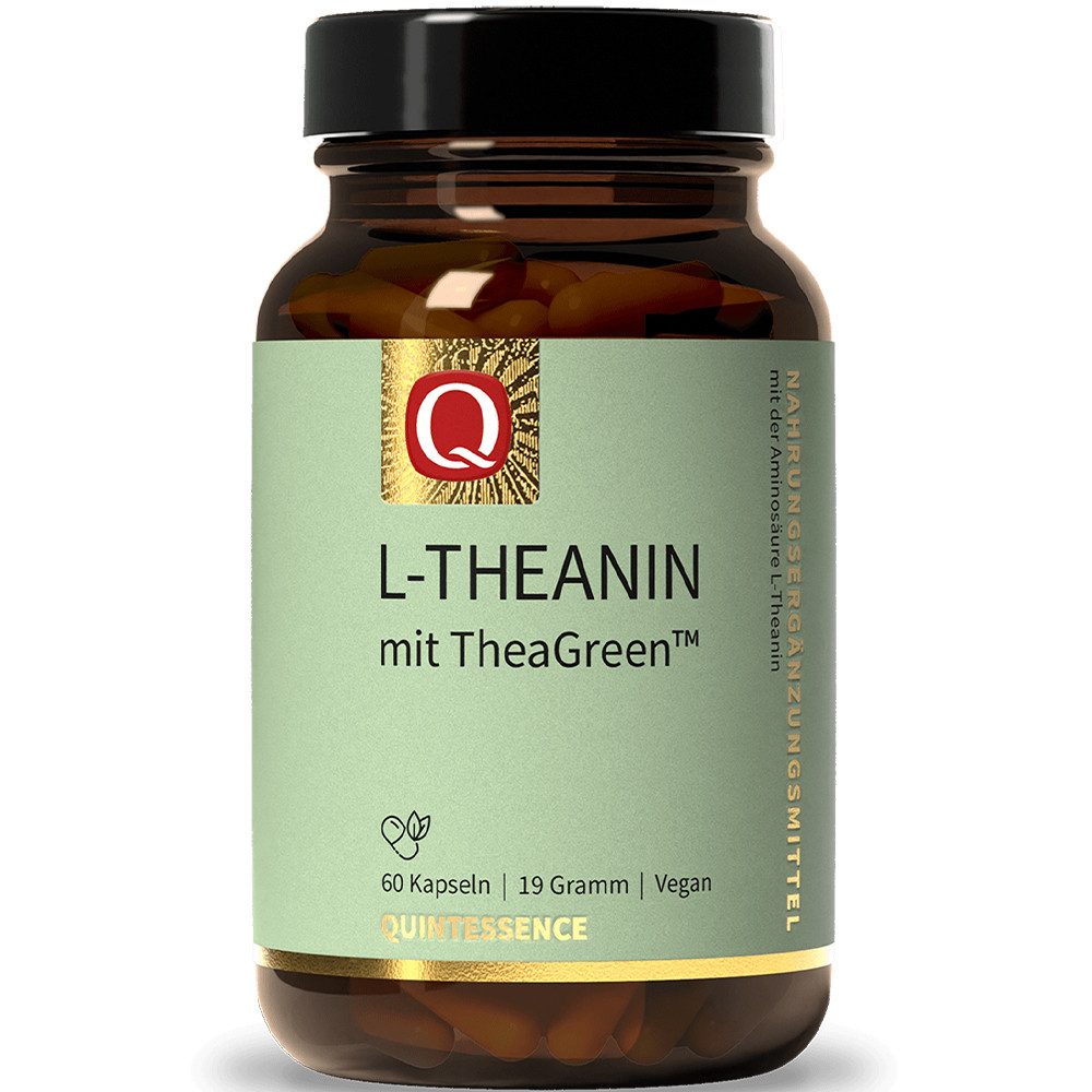 Quintessence L-Theanin 100 mg TheaGreen™ 60 vegane Kapseln – Grüntee-Extrakt - hochdosiert - glutenfrei - Hochwertige Premiumqualität - 100 mg L-Theanin pro Kapsel, 19 g, - Reicht bei Beachtung der Verzehrempfehlung für 60 Tage.
