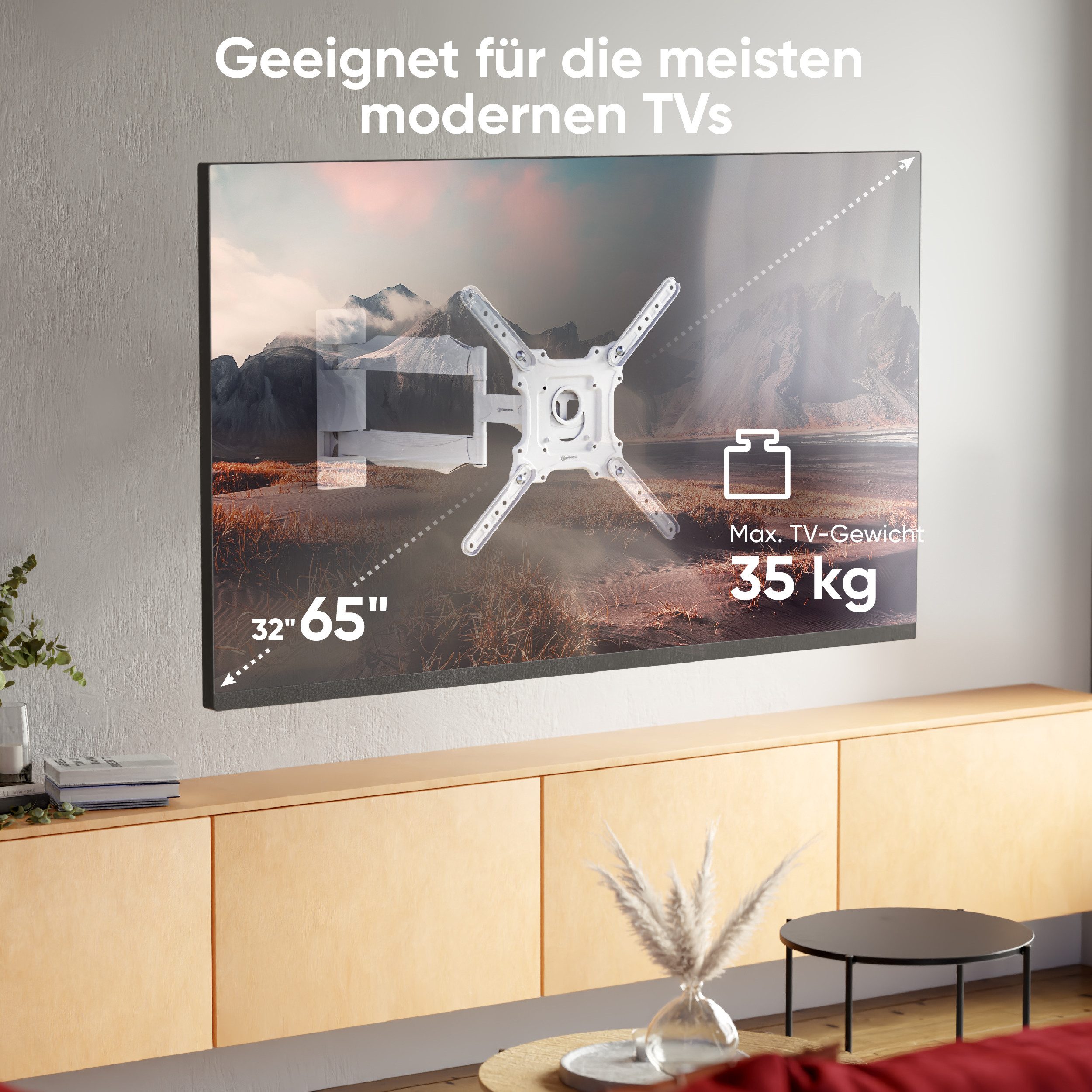 ONKRON TV-Wandhalterung 32-65 Zoll, bis 35 kg, VESA 100x100-400x400, M4-W, (bis 65 Zoll, schwenkbar, neigbar, ausziehbar, Kabelmanagement)