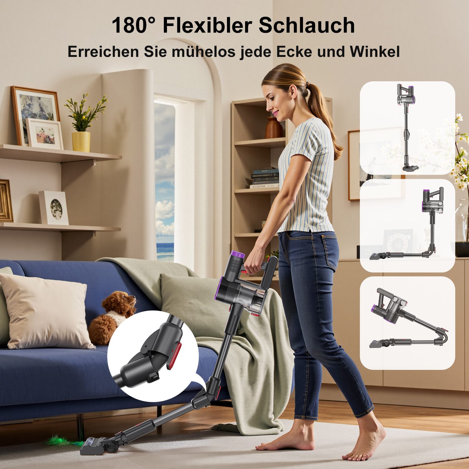 PRASKY Stielstaubsauger Akku Staubsauger Kabellos, Stielstaubsauger 65kPa/50Min, HEPA-Filter, 550 W, mit Beutel, staubsauger kabellos 550W Leicht und ideal für kleine Wohnungen