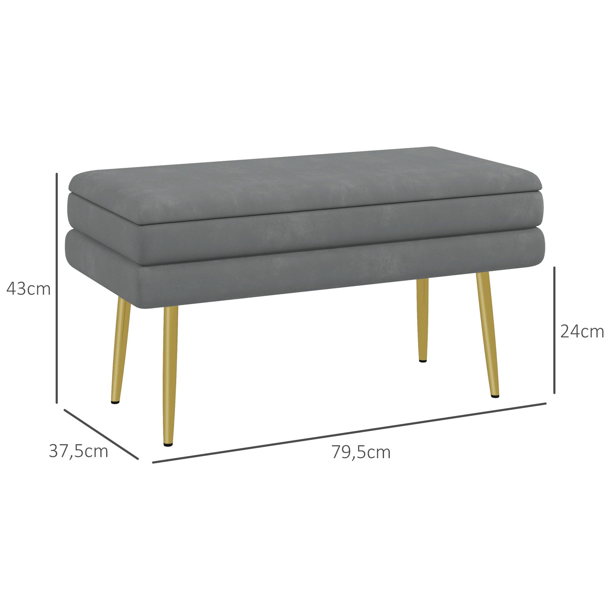 HOMCOM Sitzbank Polsterbank mit Stauraum, Samtoptik, Bettbank mit Stahlbeine (Aufbewahrungsbank, 1-St., Schuhbank), für Wohnzimmer, Schlafzimmer, Grau, 79,5 x 37,5 x 43 cm