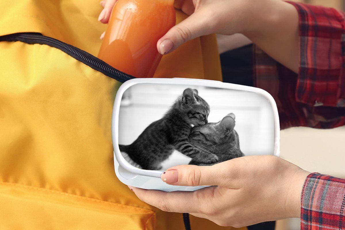MuchoWow und für Erwachsene, Brotdose, (2-tlg), - Kätzchen für schwarz kuschelt Lunchbox Katze Kinder Mädchen Jungs Kunststoff, weiß, und mit und Brotbox