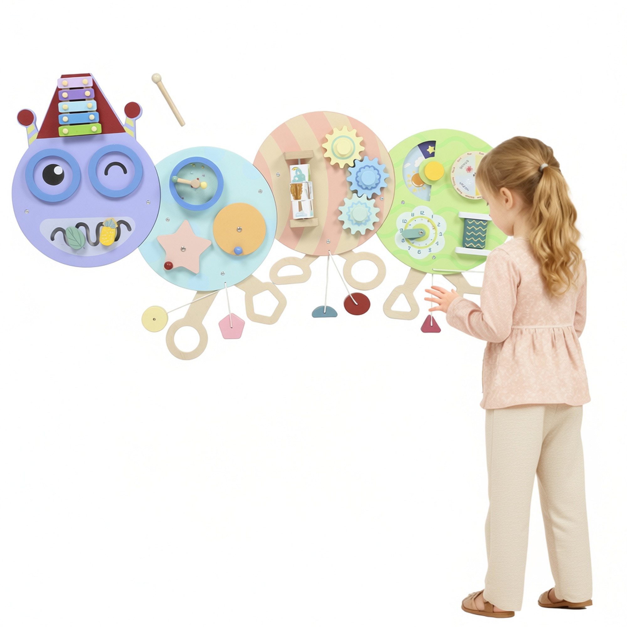 AIYAPLAY Lernspielzeug Busy Board Activity Board Lernaktivitätszentrum Geschenk ab 3 J. (Wandspielzeug, 1-St., Montessori Lernspielzeug), Raupen-Design, Mehrfarbig