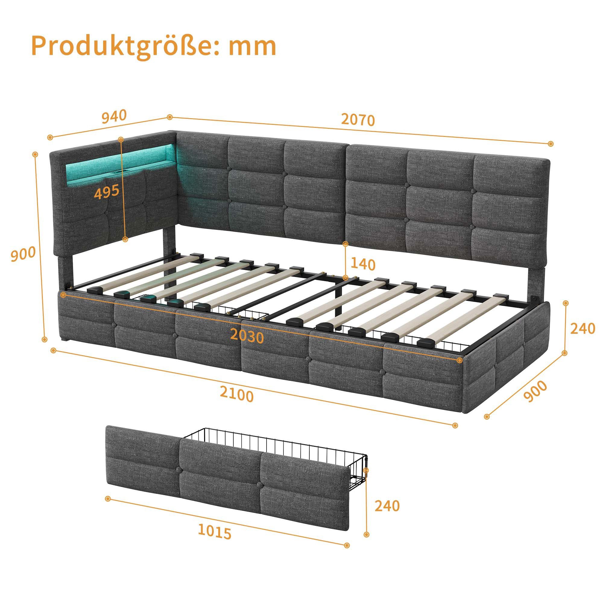 Gdood Polsterbett Doppelbett Daybett Tagesbett LED (Mit Steckdose & USB & TYPE-C, Hydraulisch hebbarer Stauraum, Geeignet für Jungen und Mädchen), Schlafsofa, Mit LED-Beleuchtung, Ladefunktion, Leinen, 90x200 cm