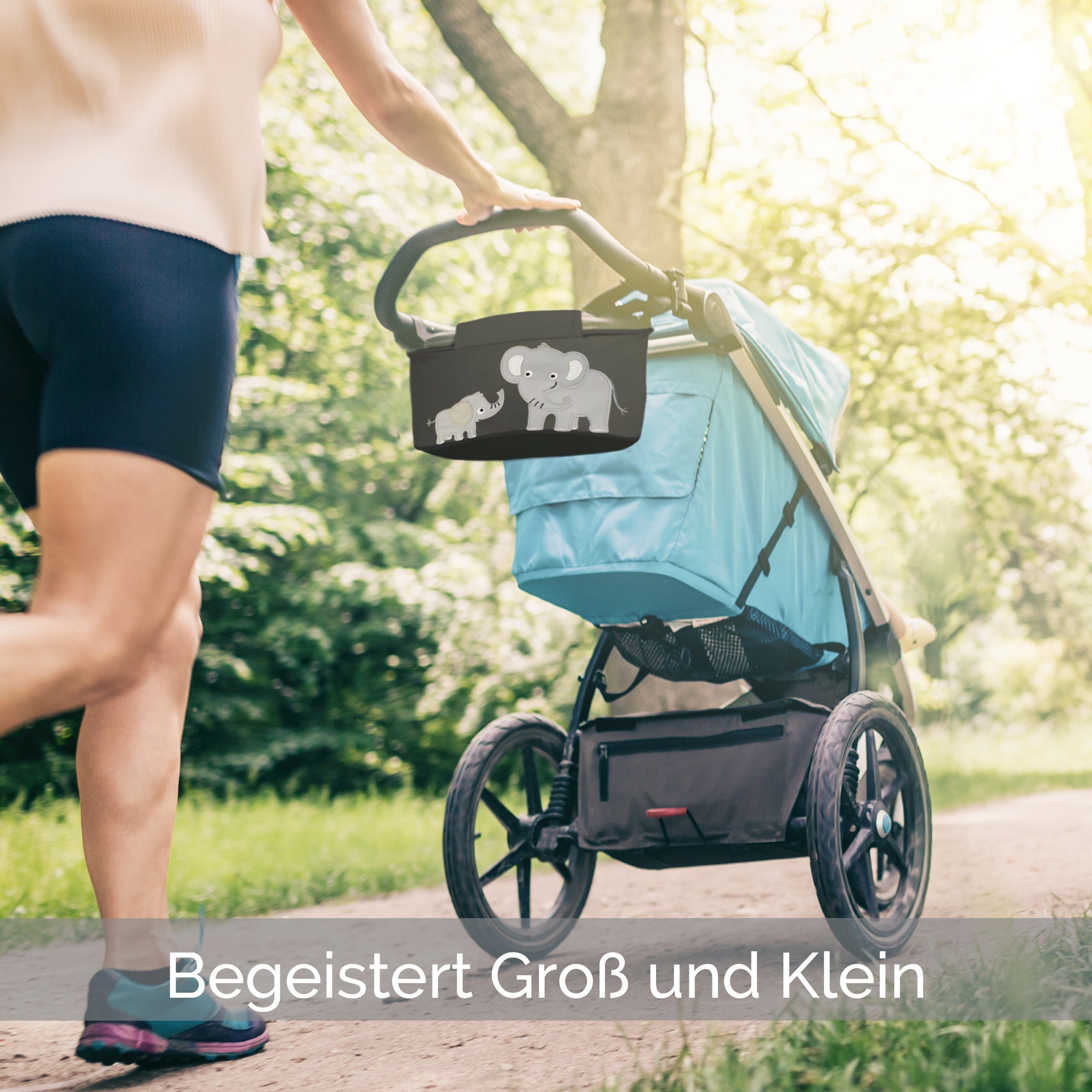 GLÜCKSWOLKE Kinderwagen-Tasche in Grau oder Schwarz I 6 Motive I Kinderwagentasche & Buggy Organizer, Kinderwagen Tasche mit Getränkehalter und Feuchttücherfach