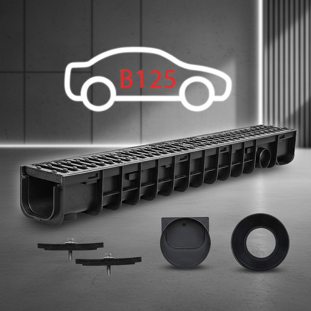 Mucola Regenrinne Entwässerungsrinne Stegrost B125 Entwässerungskanal Kunststoff Stahl,B125, Einzelartikel, 1-St., Premium-Regenrinne, Diebstahlschutz