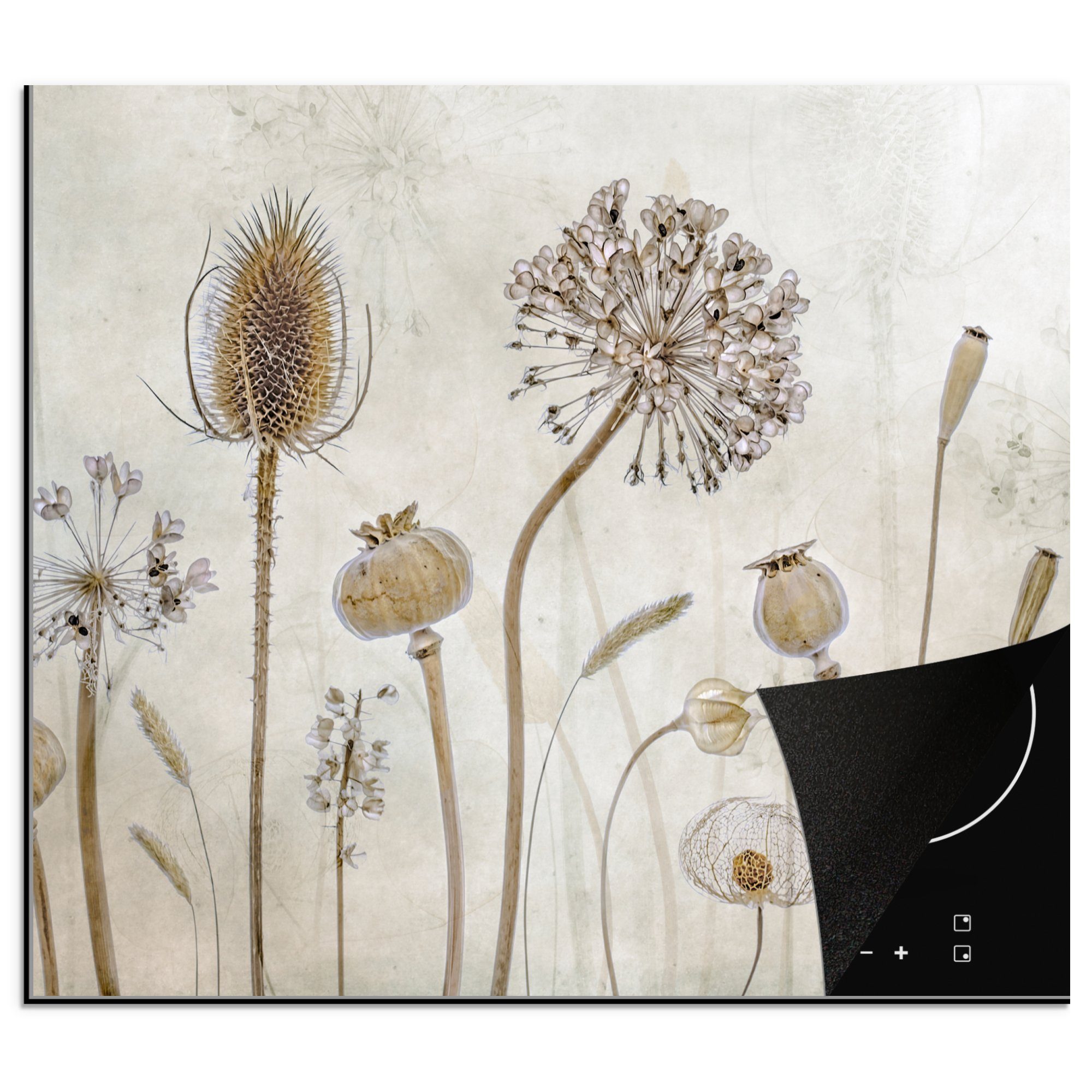 MuchoWow Herd-Abdeckplatte Blumen - Aquarell - Stilleben - Braun - Vintage, Vinyl, (1 tlg), Küche Herdabdeckplatte Ceranfeld Vinyl Einteilig, 59x52 cm