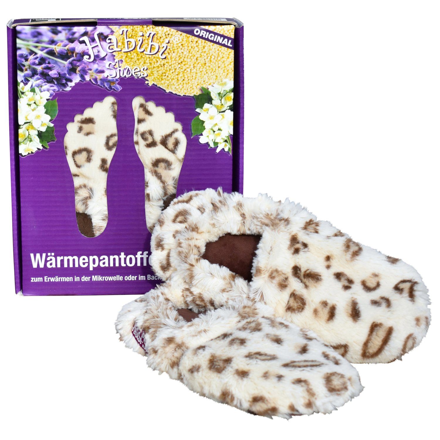 Habibi Plush Wärmekissen Wärmeschuhe, Slipper creme braun gefleckt Größe M für Mikrowelle/Ofen, (Wärmeschuhe)