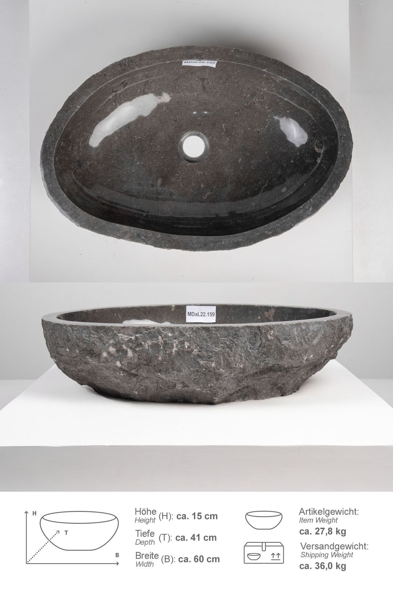 wohnfreuden Aufsatzwaschbecken Erosi Marmor Waschbecken 60 cm grau (Kein Set), 125591_MDaL22.159