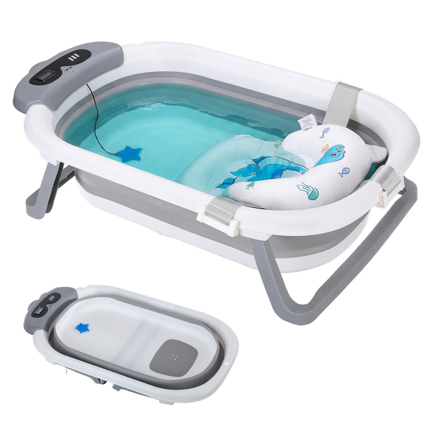 oyajia Babybadewanne Faltbare Badewanne PP&TPE Babywanne Badewannensitz, (mit weichem Schwimmkissen und Thermometer, Rutschfeste Badewanne)