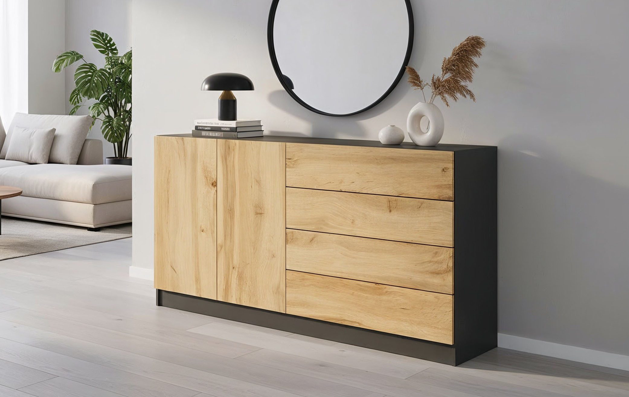 borchardt Möbel Sideboard Vaasa, Kommode mit 2 Türen und 4 Schubkästen auf Kugelführungen, Breite 152 cm