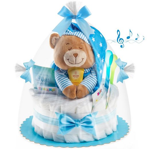 Timfanie Neugeborenen-Geschenkset »Timfanie® Windeltorte, Spieluhr Schlafmütze, « (blau, 28-tlg., mit Grußkarte)
