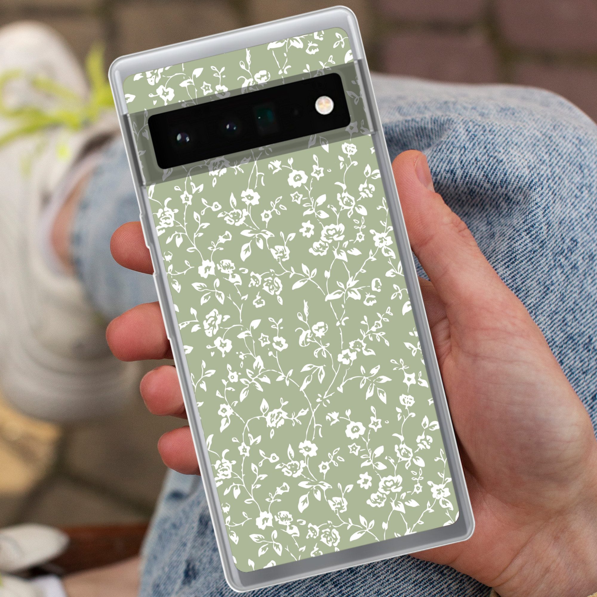 MuchoWow Handyhülle für Google Pixel 6 Pro Blumen - Druck - Grün - Weiß, Handy Case, Silikon, Bumper Case Dünn