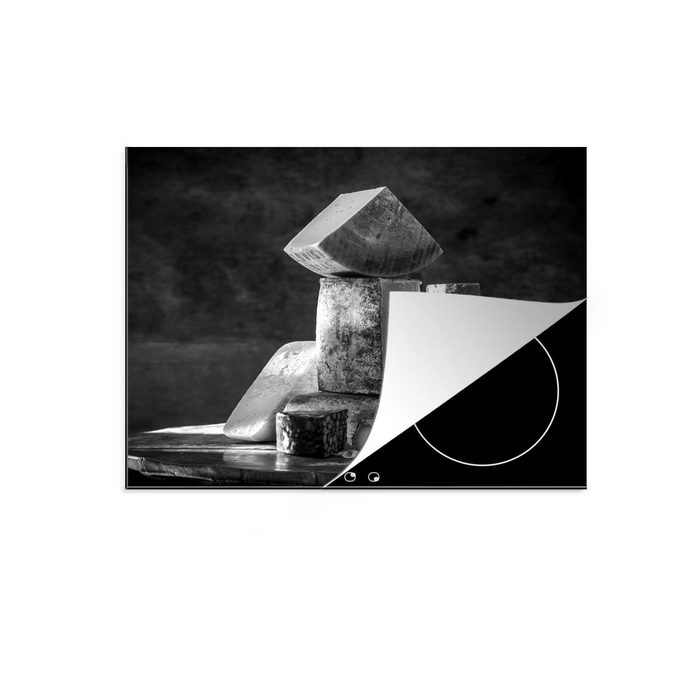 MuchoWow Herdblende-/Abdeckplatte Käsestapel - schwarz und weiß Vinyl (1 tlg) Mobile Arbeitsfläche nutzbar Ceranfeldabdeckung