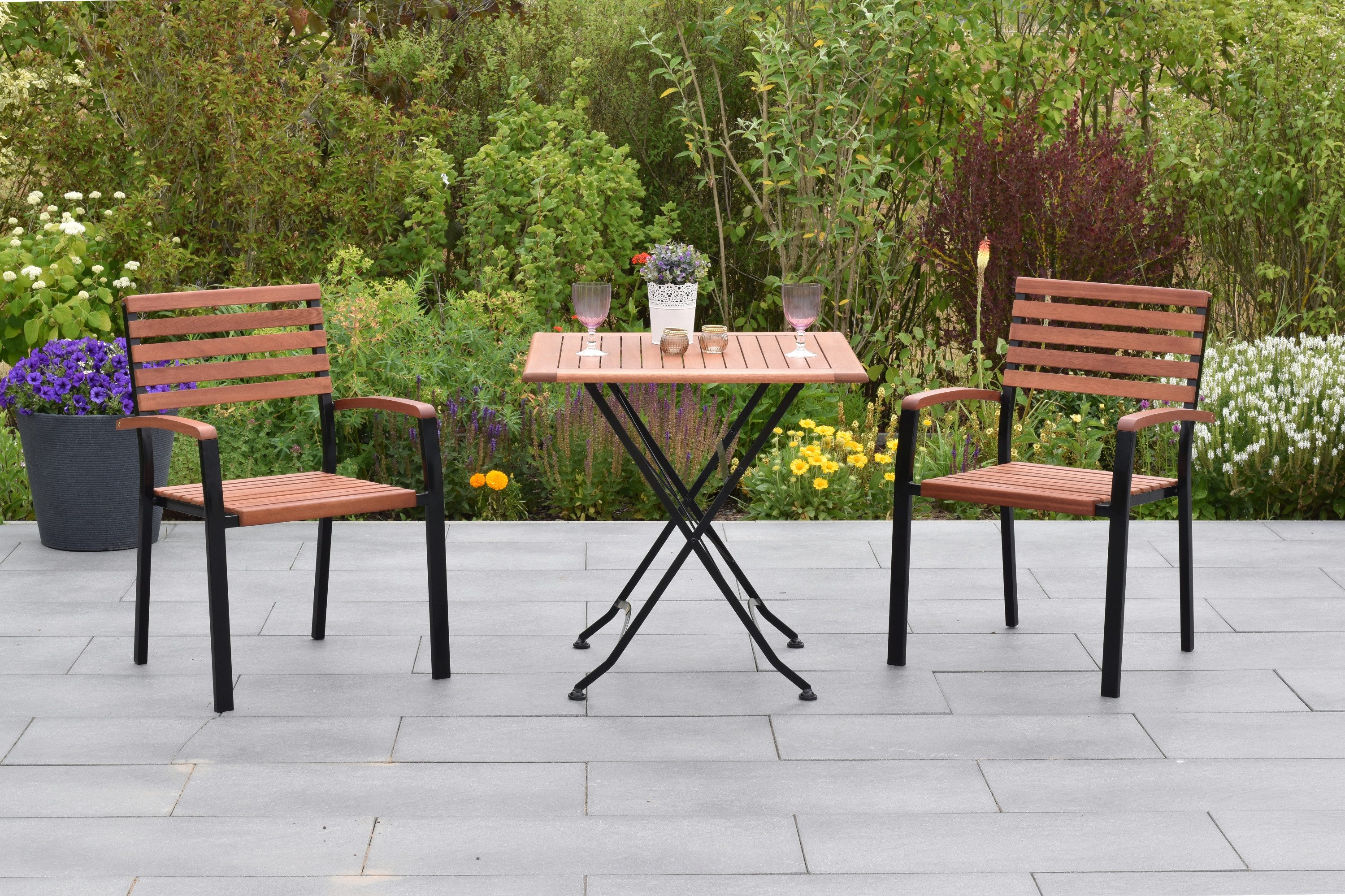 MERXX Garten-Essgruppe »Schlossgarten«, (Set, 3-tlg., Geöltes Eukalyptusholz), Tisch klappbar: LxB: 75x75 cm