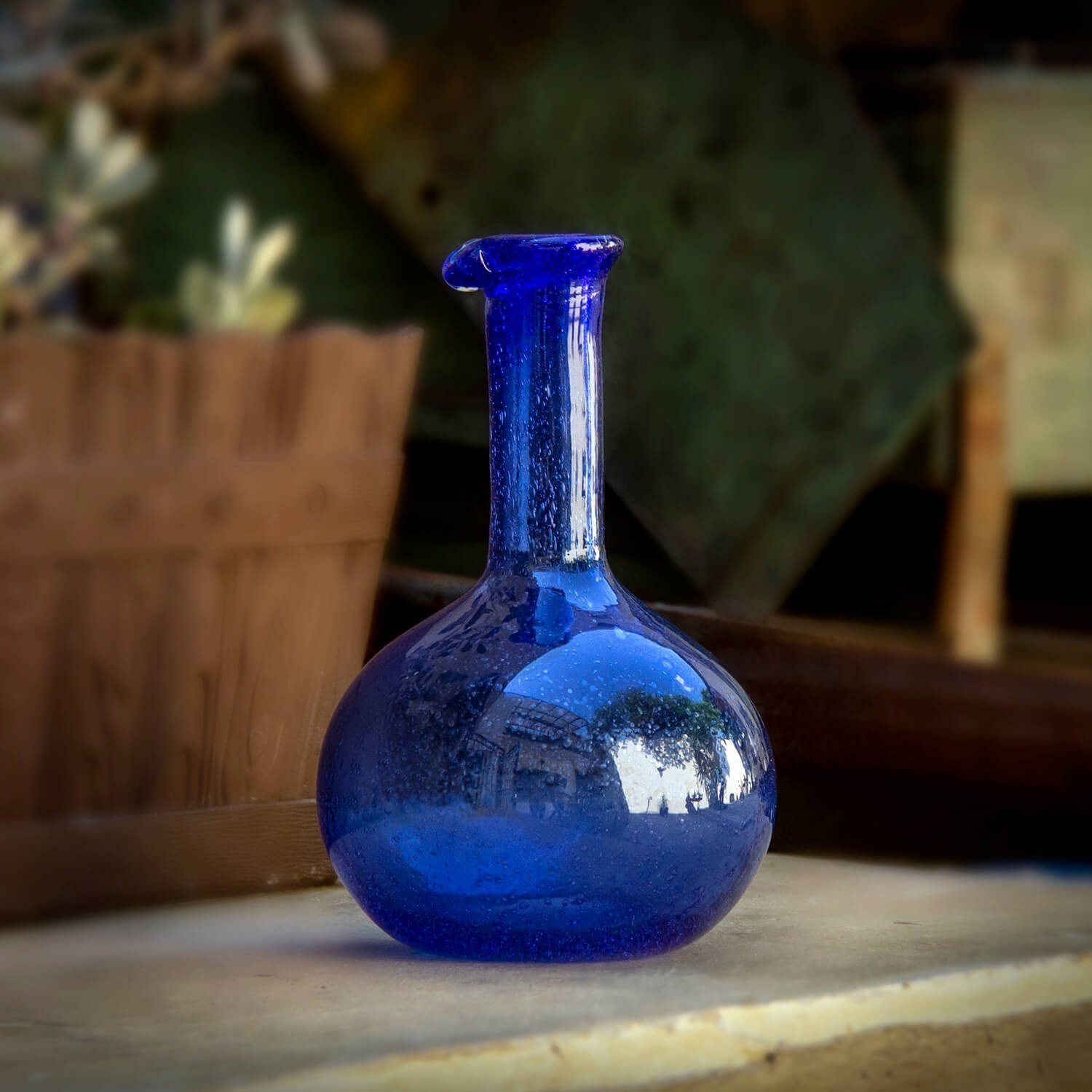 Karaffe Glas blau 22cm, mitienda mundgeblasenes Dekovase