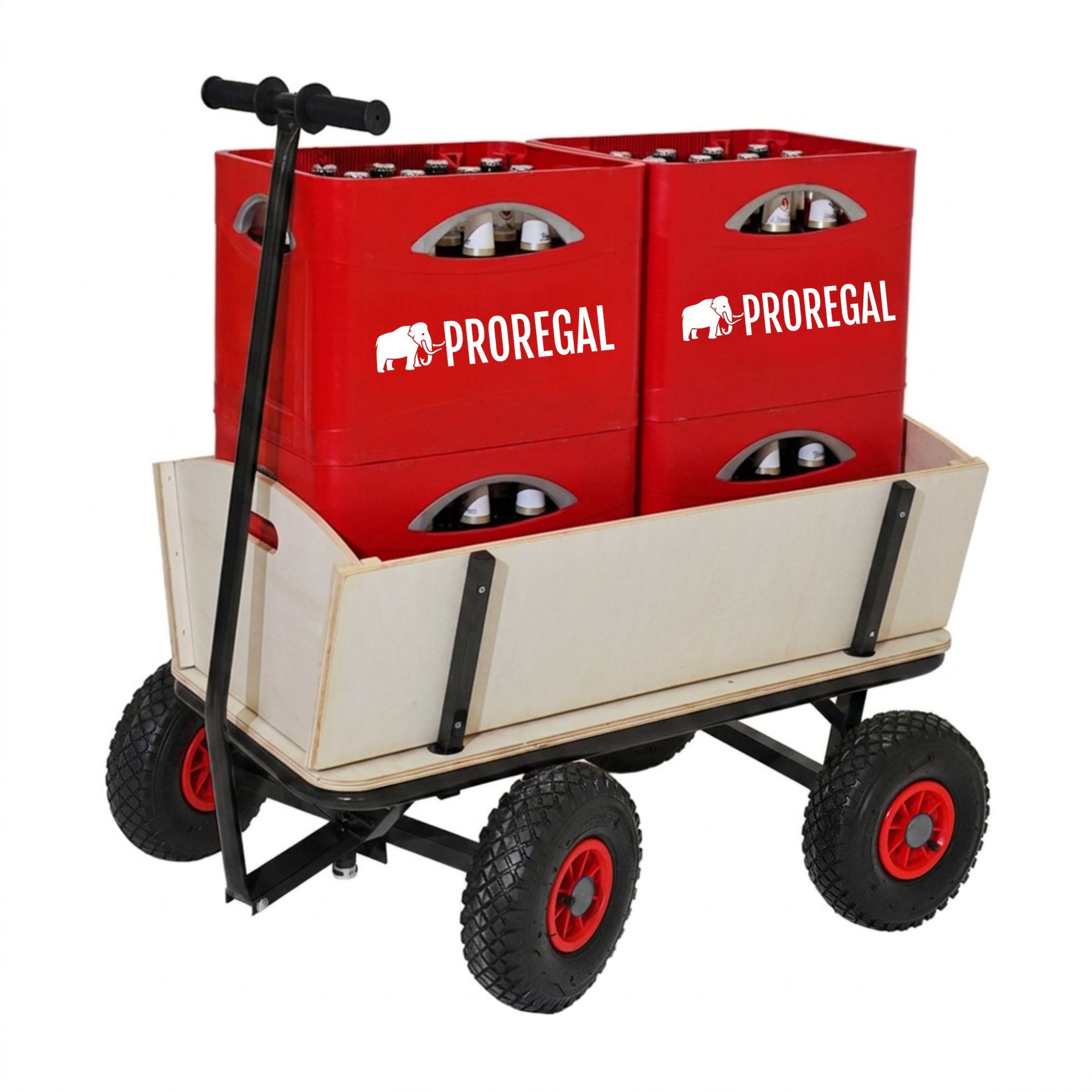 PROREGAL® Bollerwagen Handwagen Transportwagen BOLLY Pro HxBxT 97x60x94cm Traglast 150kg Rot, Robuster Handwagen mit abnehmbaren Seitenwänden 10-Zoll-Luftreifen