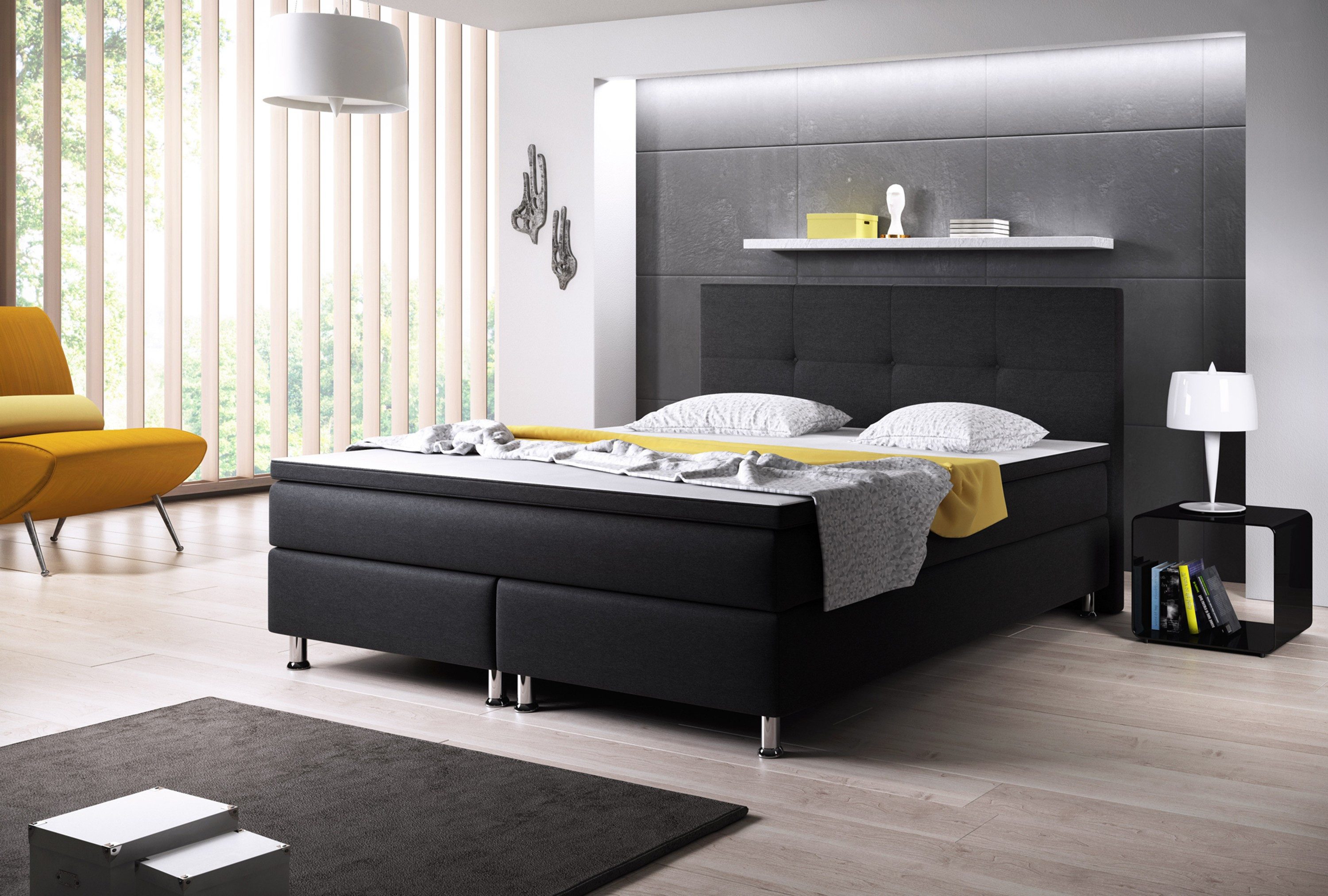 inter Boxspringbett D1 180x200 cm – Webstoff inkl. PU-Topper – Taschenfederkern H3, inkl. Matratzen und Topper