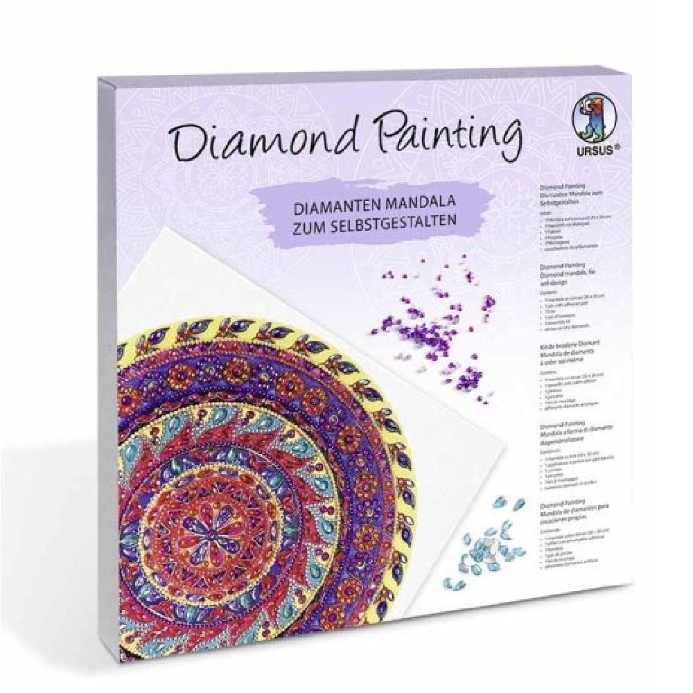 URSUS Kreativset Diamond Painting Mandala zum selbstgestalten, (Diamanten-Mandala, mit allem notwendigen Zubehör) rot-lila-gelb