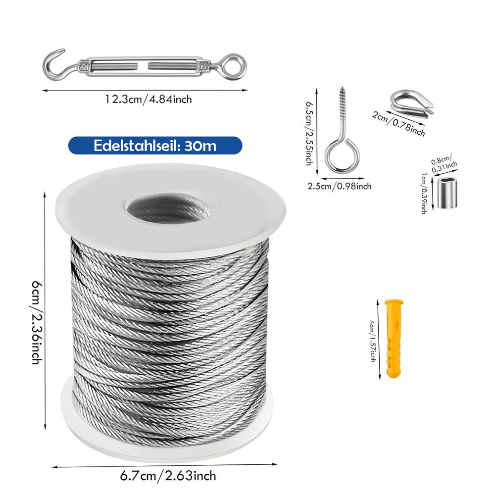TUWENA Drahtseil Edelstahl 30m Seilspanngarnitur mit Ösen 56Pcs Stahlseil Kit Drahtseil, Für Light Suspension Zelte, Wäscheleine, Gardinenseil, Kletterpflanzen