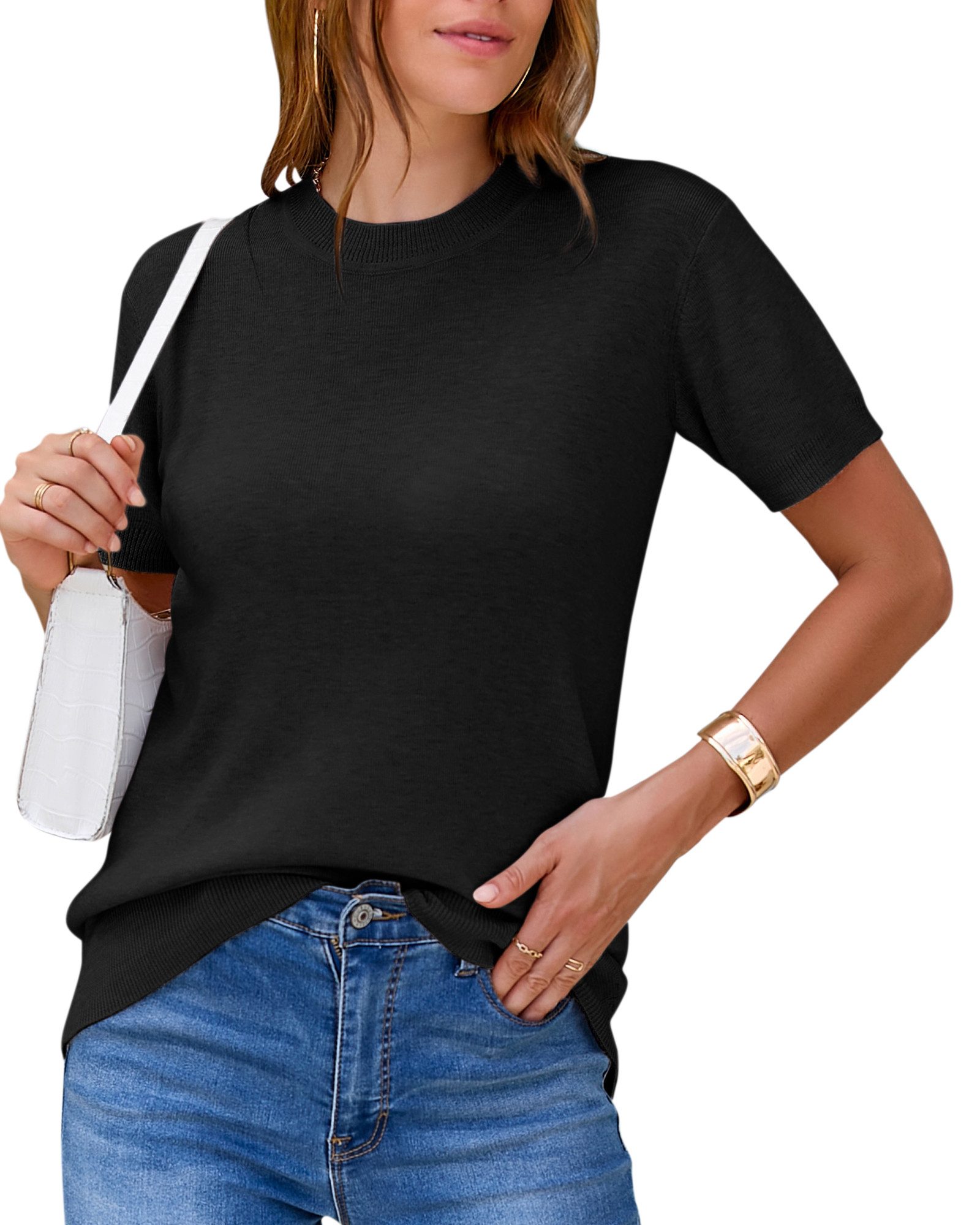 Arach&Cloz Strickpullover Damen Pullover Wolle Strickpullover Rundhals Strick Top Kurzarmshirt