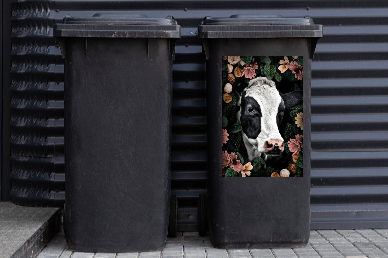 Sticker, (1 St), Abfalbehälter - - Blumen Wandsticker MuchoWow Mülleimer-aufkleber, Kuh Container, Mülltonne, Blätter