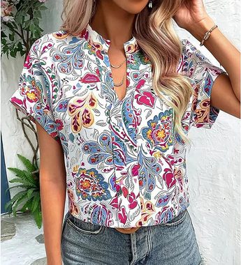 BlauWave Kurzarmbluse Tshirt Damen Bunte Drucken Hemd Tunika V-Ausschnitt Frau Oberteile (1-tlg., Lockere Damen Shirt Kurzarm Glam Crop Top) Geeignet für tägliche Reisen