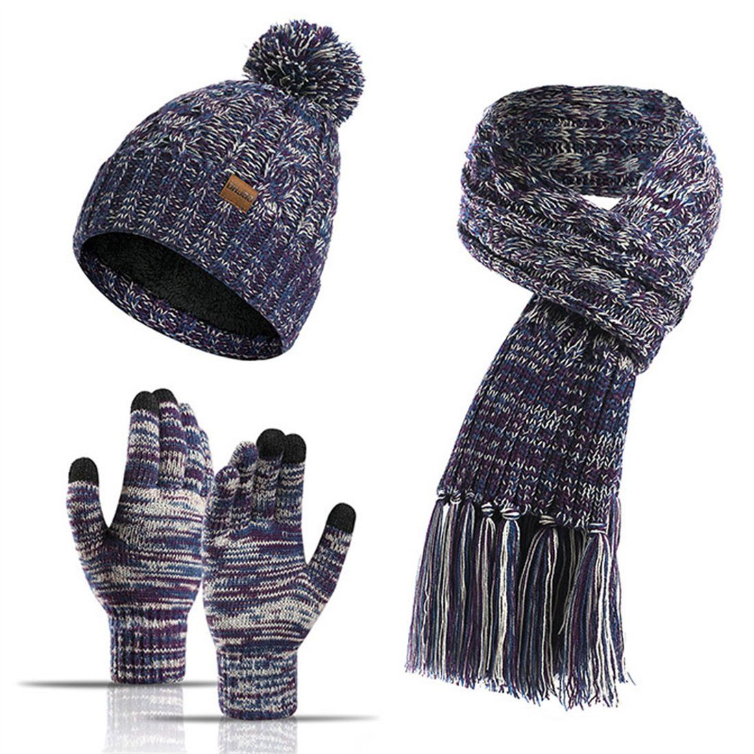 Schal + Touchscreen-Handschuhe Wolle, Wintermütze Lila 3er-Set DÖRÖY Mütze aus Strickmütze +