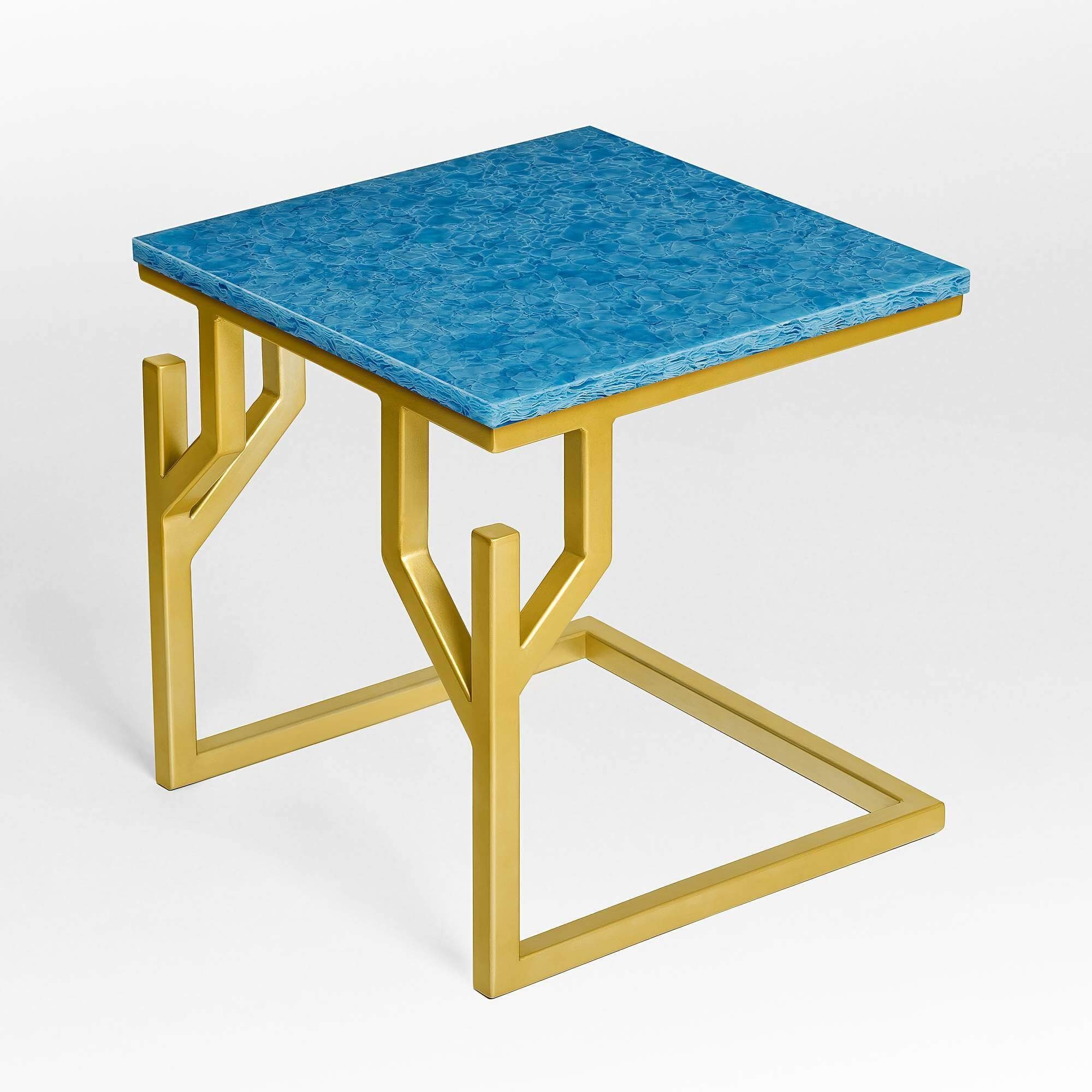 MAGNA Atelier Beistelltisch CORAL BAY gold Ocean 50x50x50cm mit Ablagetisch Blue Metallgestell, GLASKERAMIK, eckig